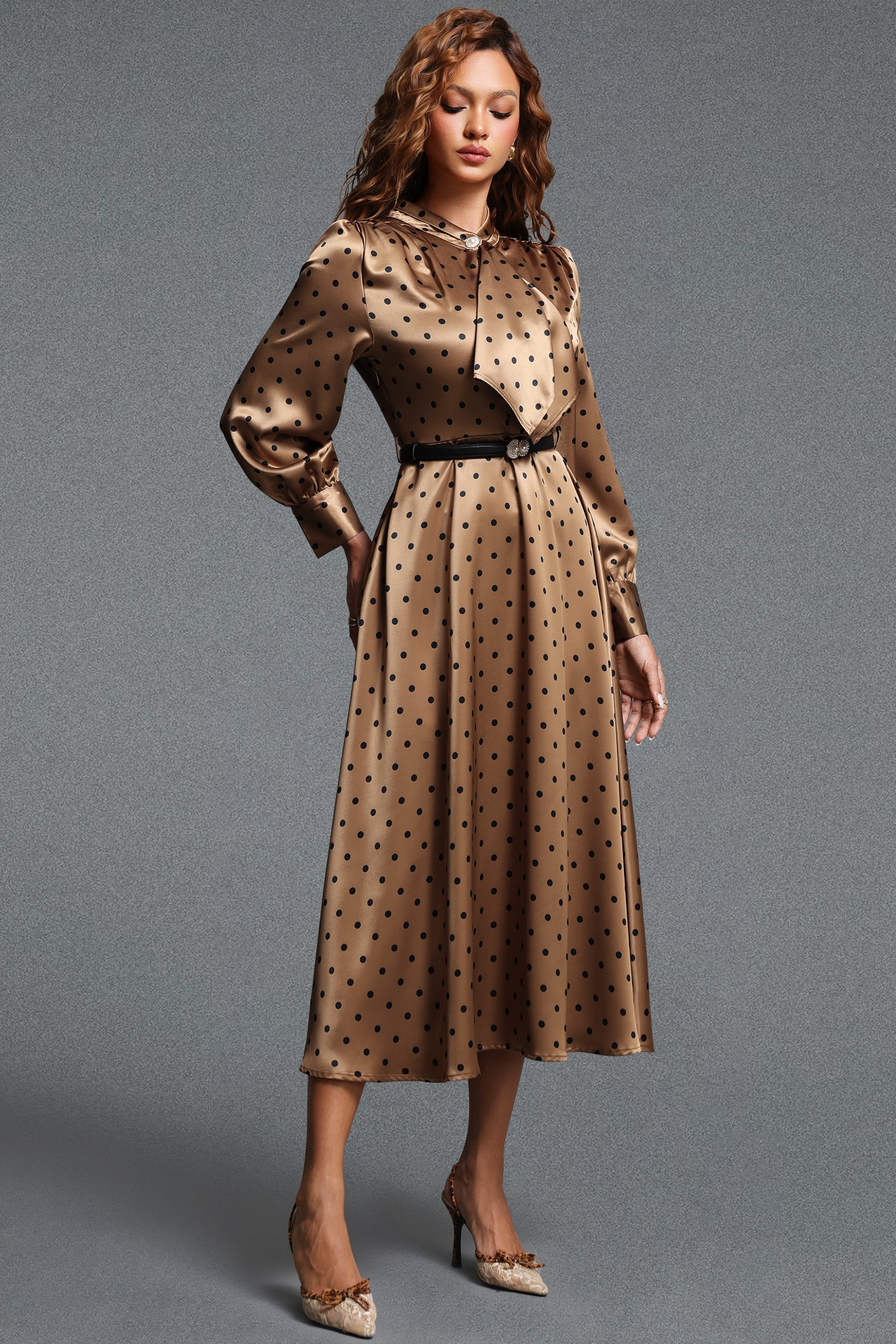 Pelosy Vintage Tailored Long Sleeve Polka Dot Satin Khaki Maxi Dress	