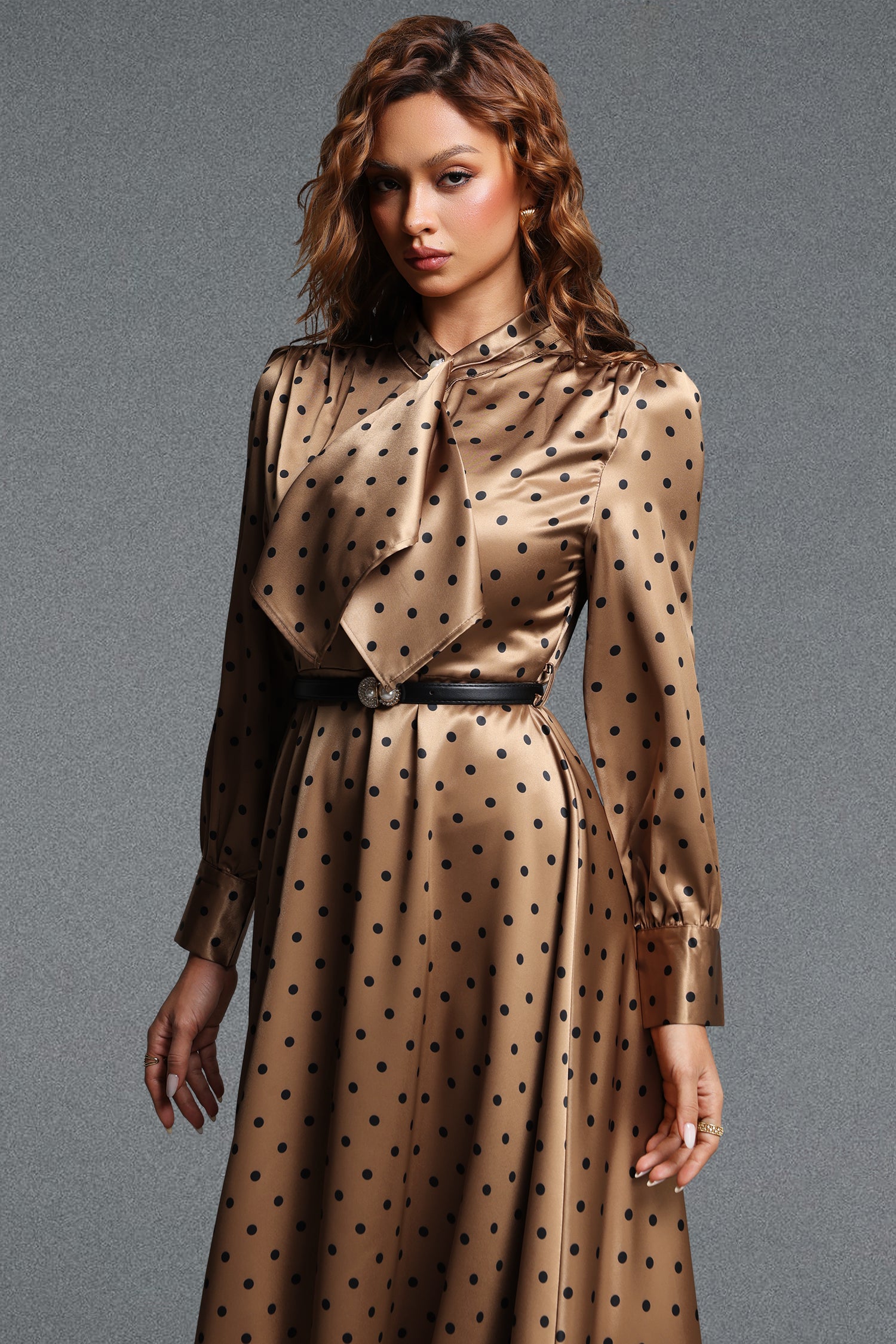 Pelosy Vintage Tailored Long Sleeve Polka Dot Satin Khaki Maxi Dress	