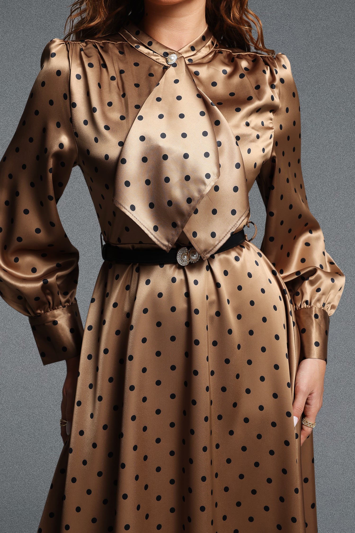 Pelosy Vintage Tailored Long Sleeve Polka Dot Satin Khaki Maxi Dress	