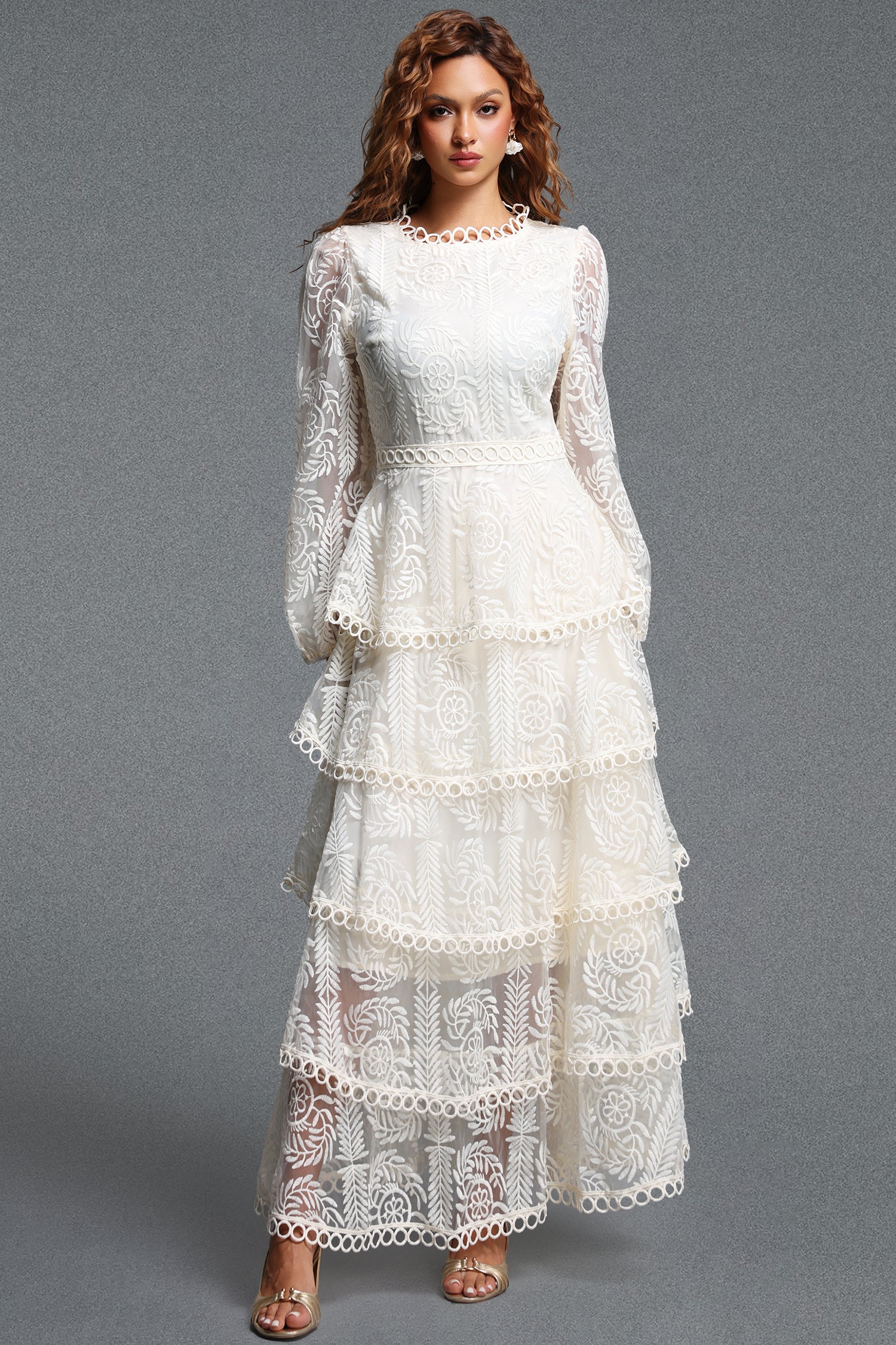 Katya Romantic Flowy Round Neck Long Sleeve Lace Tiered Maxi Dress	