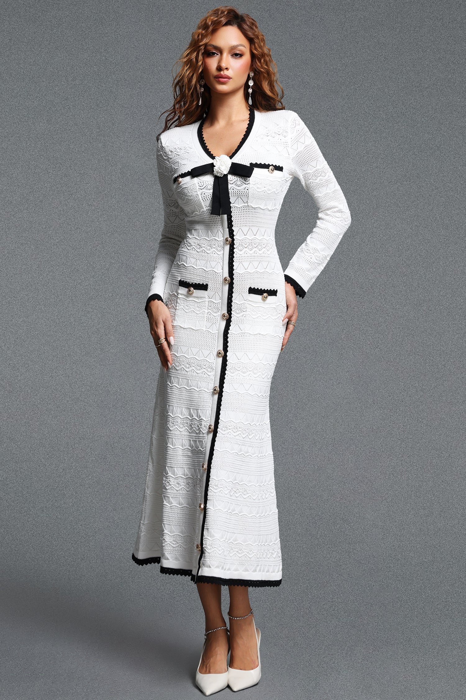 Tureal Elegant Contour V-Neck Long Sleeve Bow Knit Midi Dress	