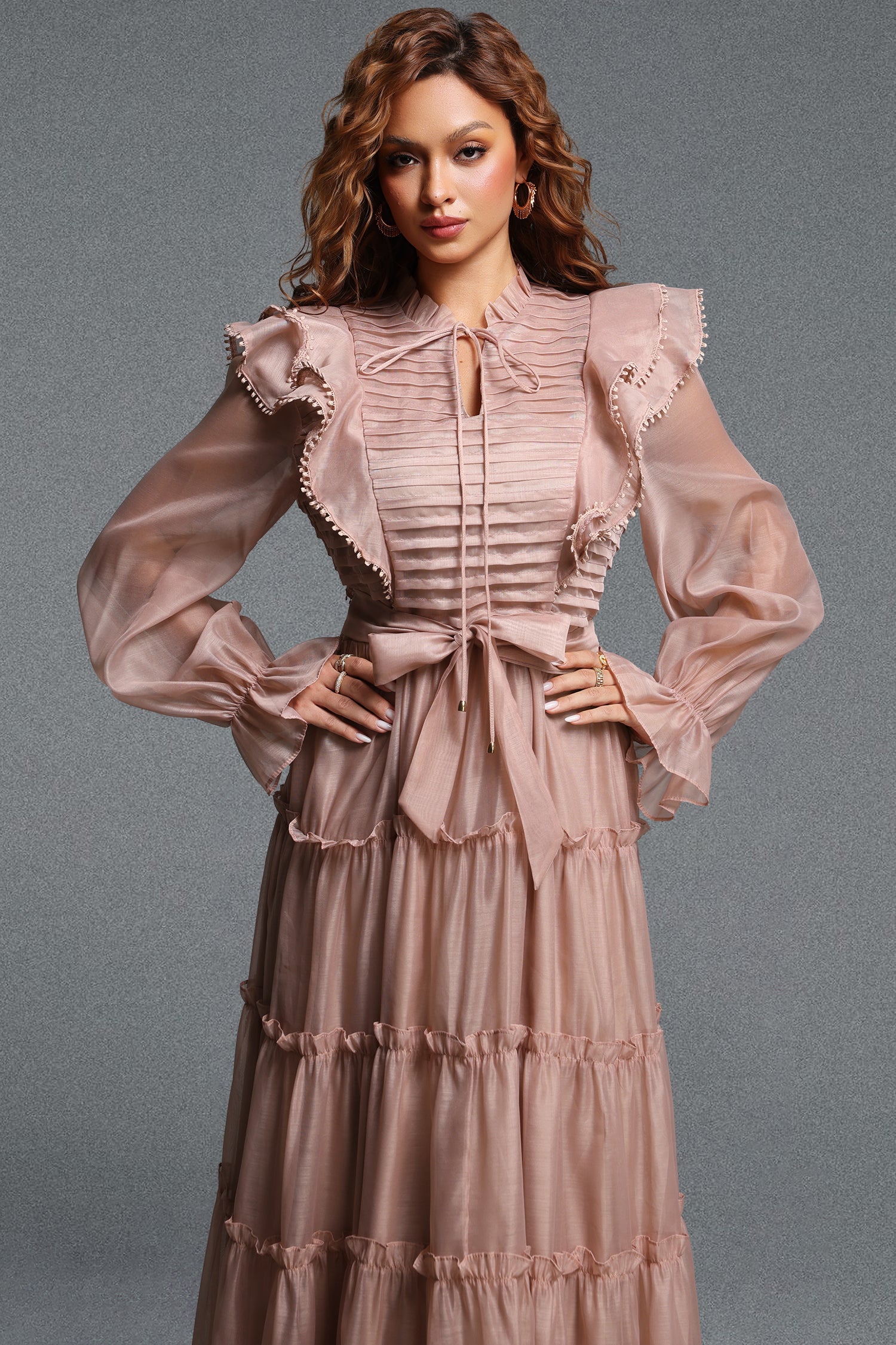 Susan Elegant Flowy Stand Collar Long Sleeve Ruffle Tiered Organza Maxi Dress	