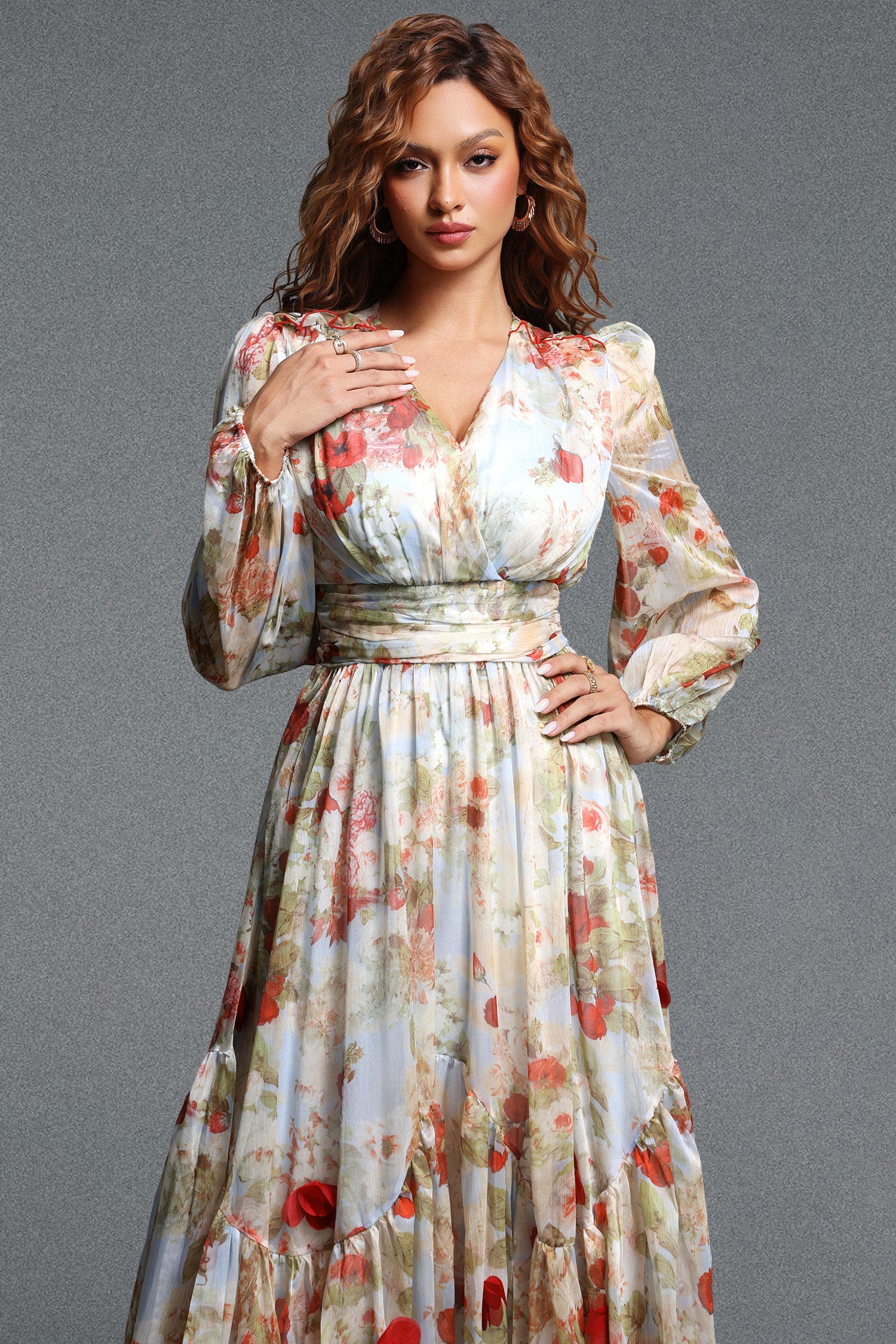 Lilani Romantic Flowy V Neck Long Sleeve Floral Ruched Chiffon Maxi Dress	