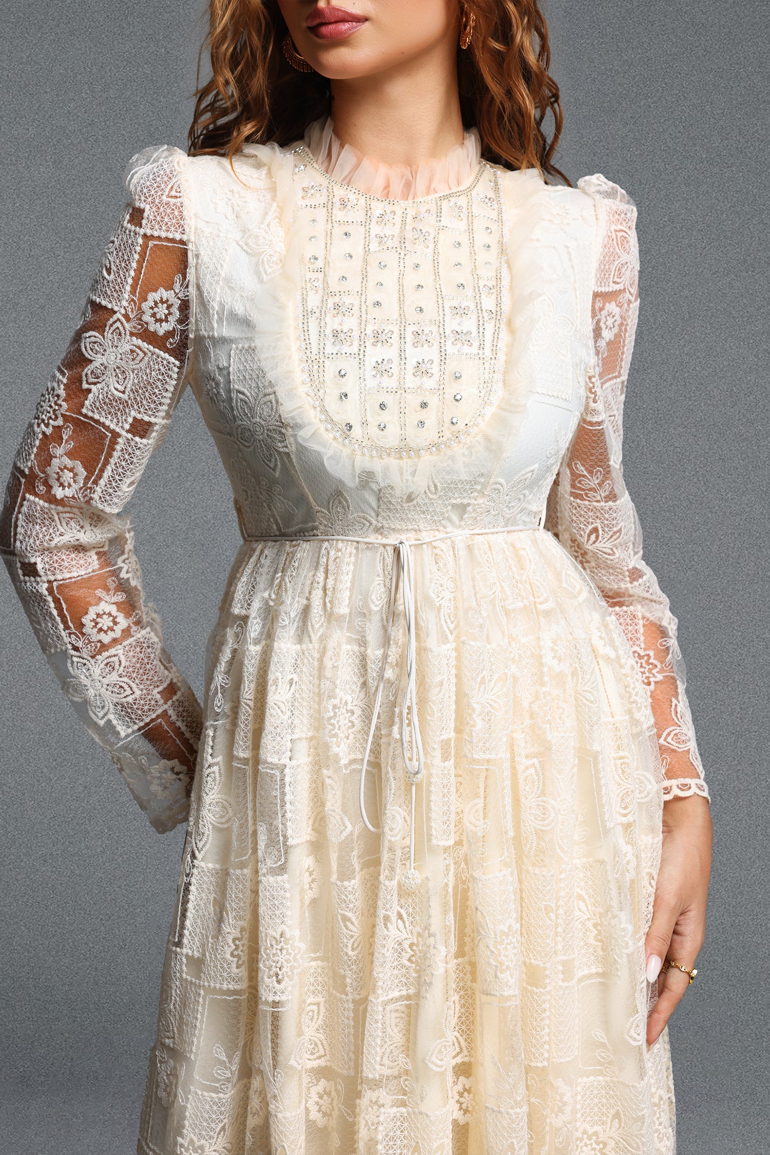Taffy Romantic Flowy Long Sleeve Sequin Spliced Lace Maxi Dress	