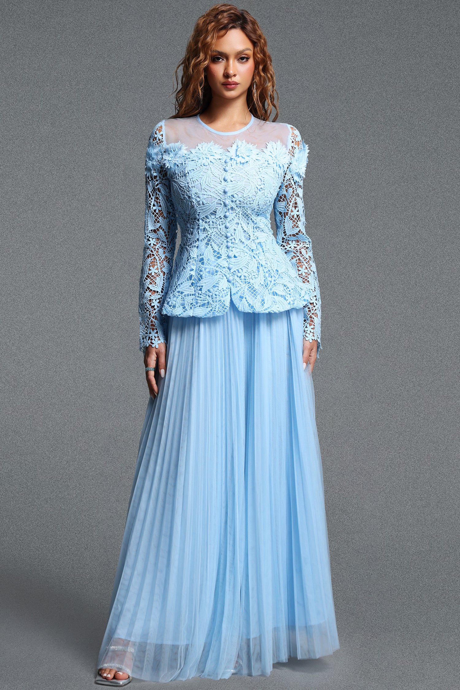 Kasa Romantic Flowy Round Neck Long Sleeve Lace Top and Pleated Tulle Skirt Two Piece Set	