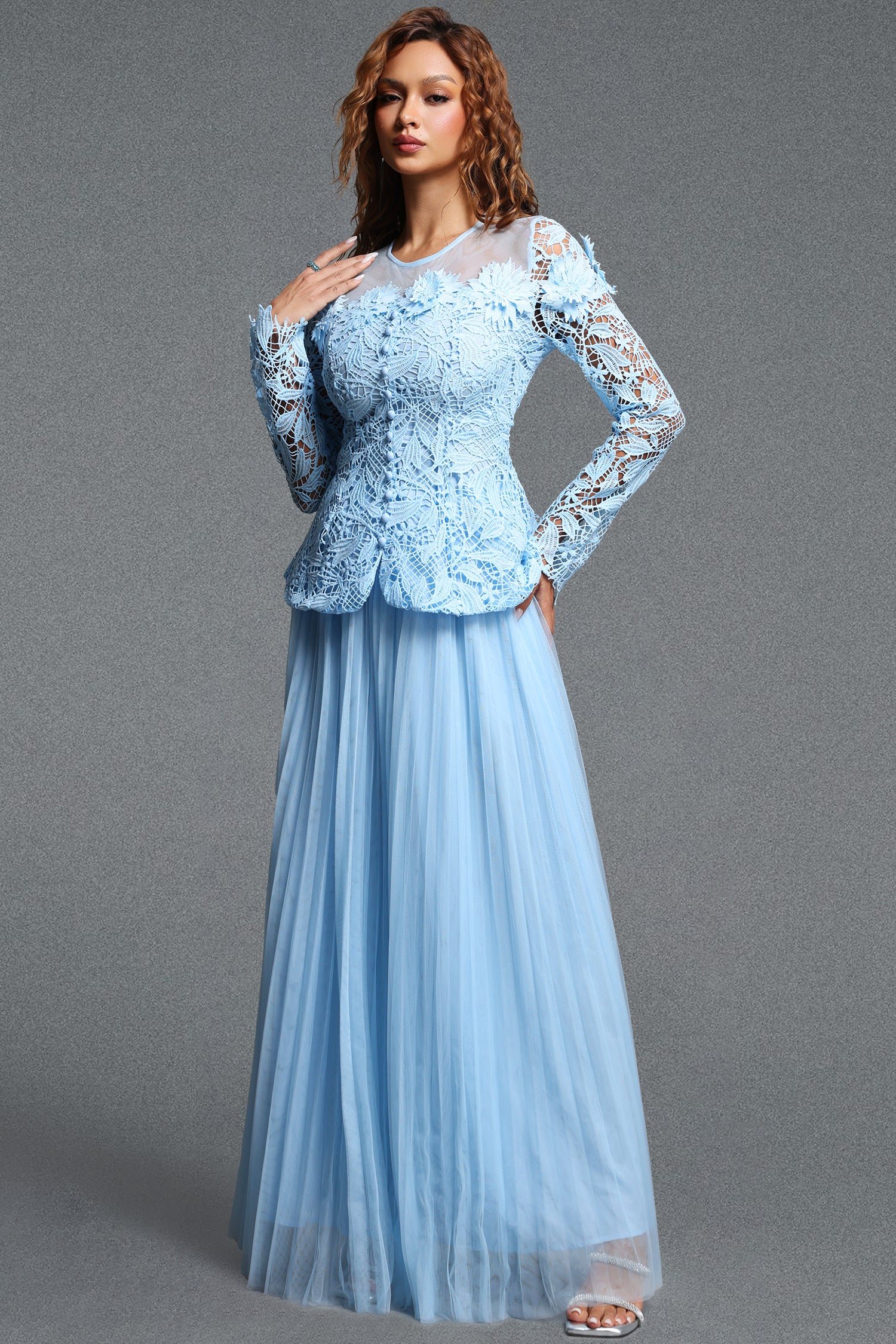 Kasa Romantic Flowy Round Neck Long Sleeve Lace Top and Pleated Tulle Skirt Two Piece Set	