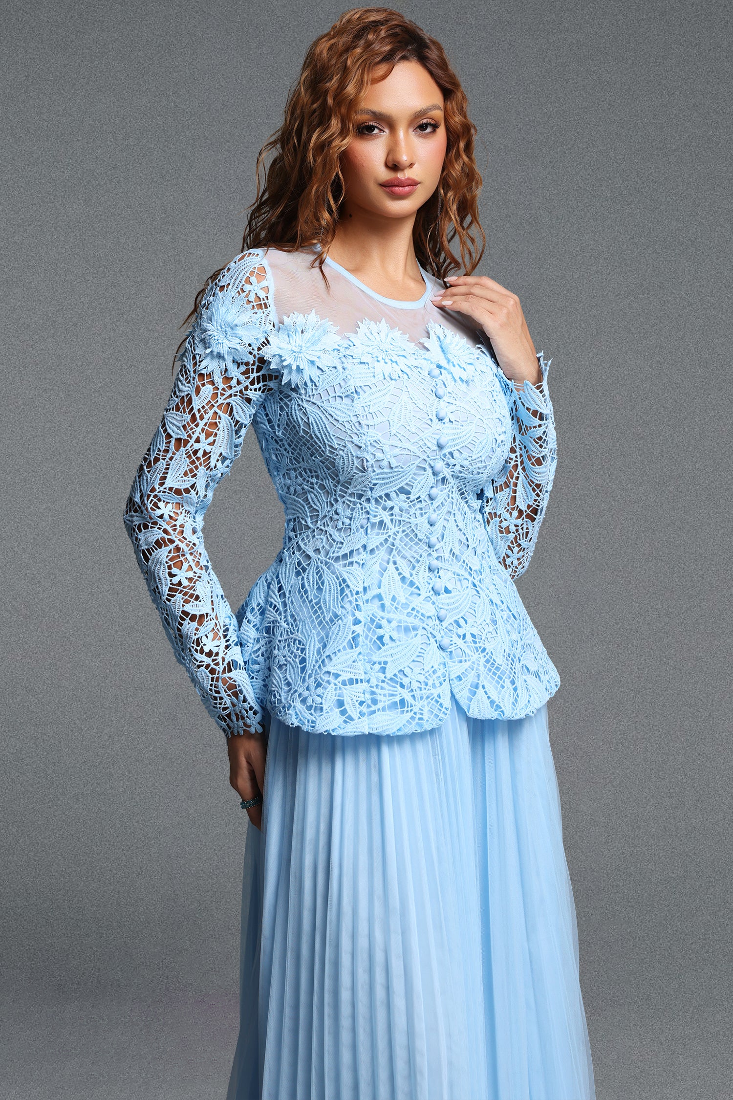 Kasa Romantic Flowy Round Neck Long Sleeve Lace Top and Pleated Tulle Skirt Two Piece Set	