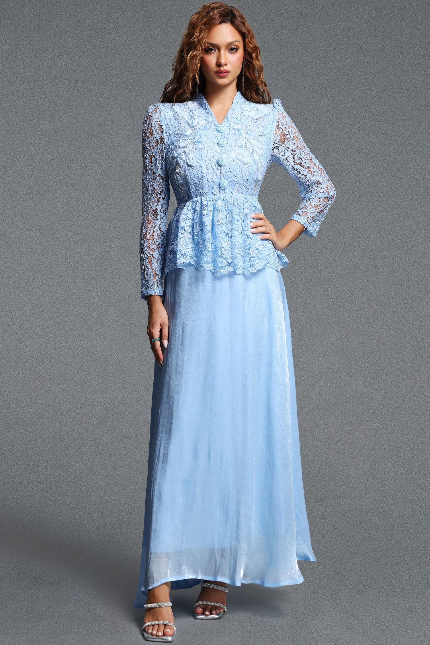 Logan Romantic Flowy V-Neck Long Sleeve Floral Lace Maxi Dress	