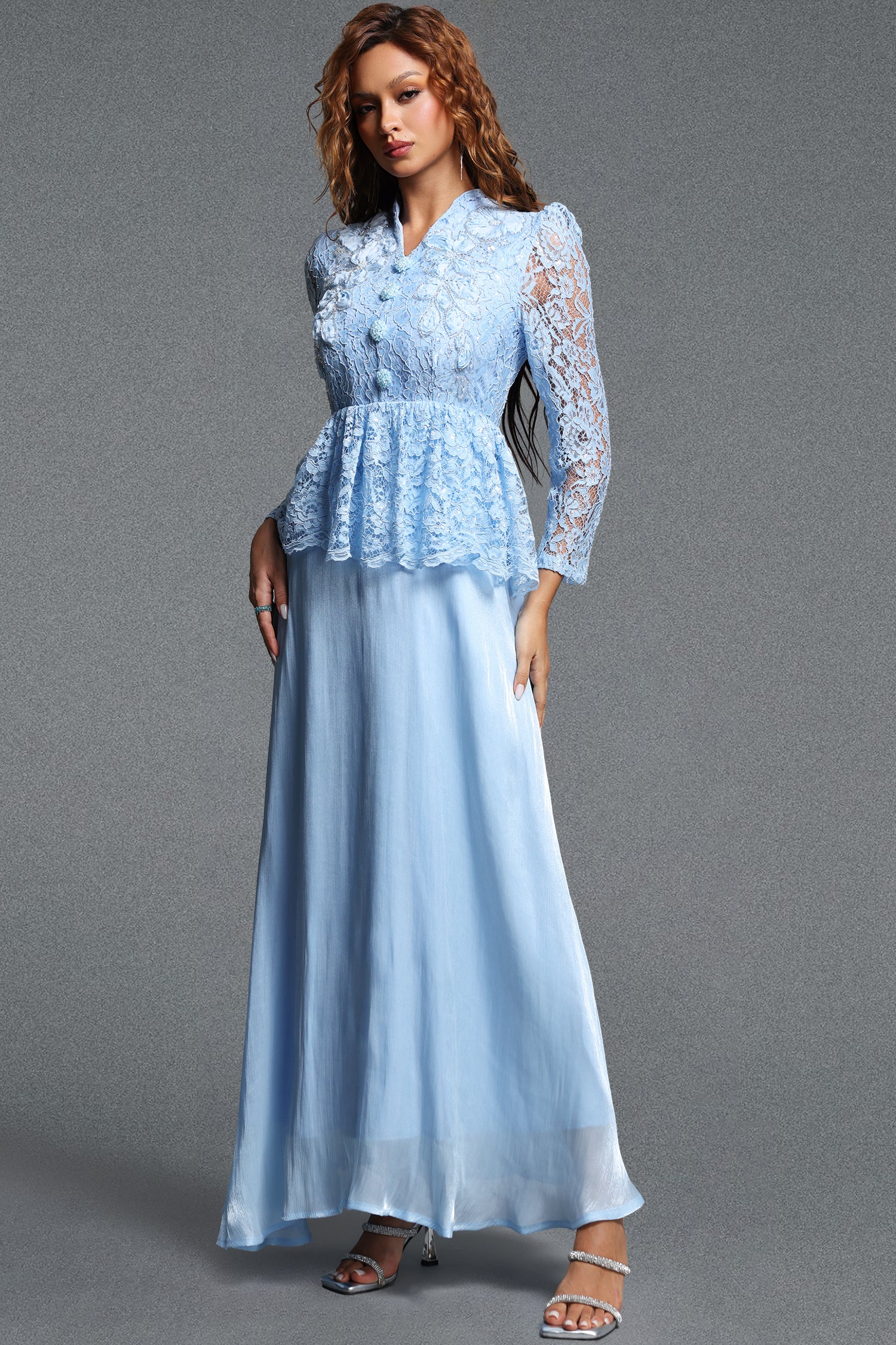 Logan Romantic Flowy V-Neck Long Sleeve Floral Lace Maxi Dress	