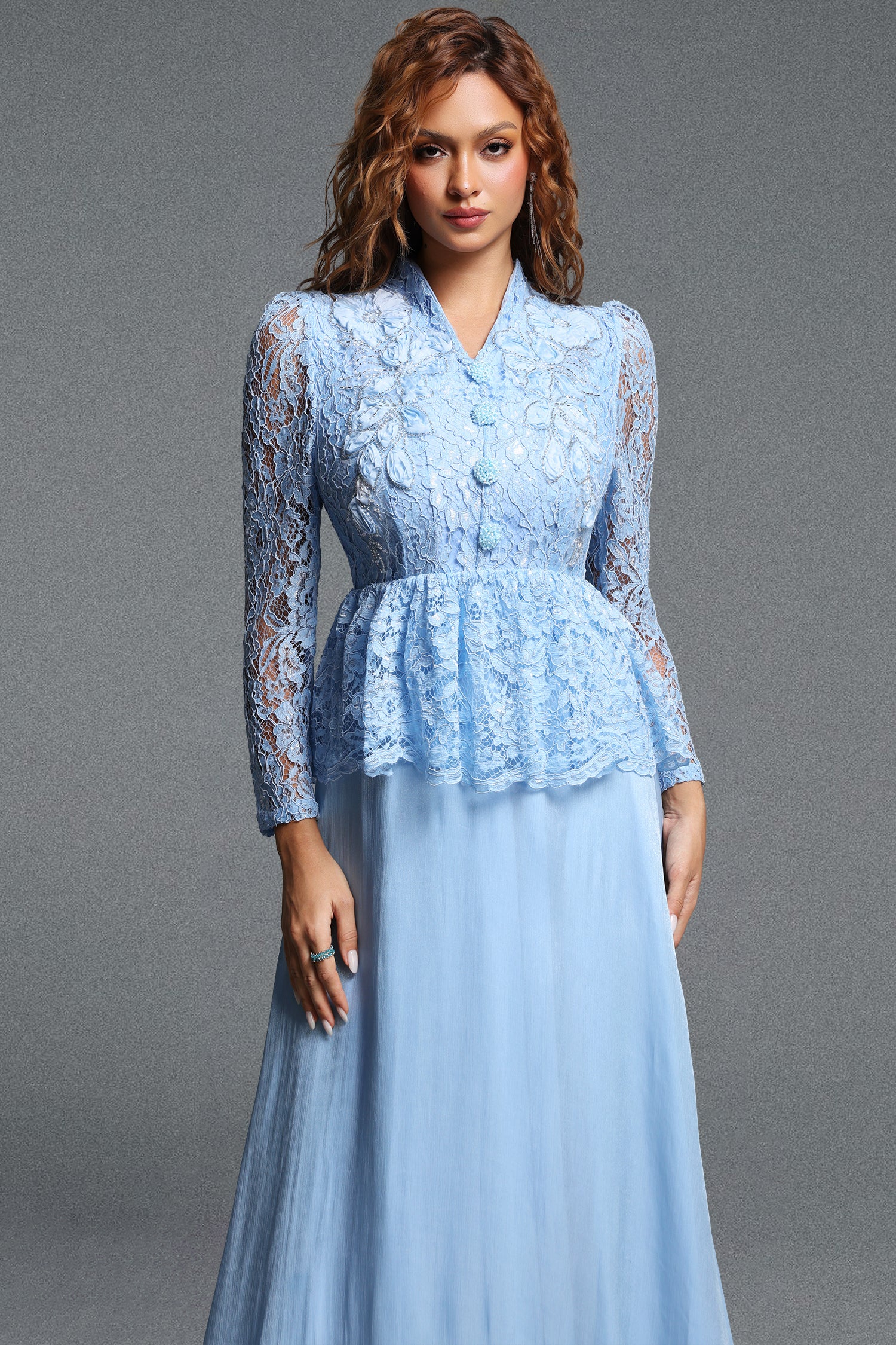 Logan Romantic Flowy V-Neck Long Sleeve Floral Lace Maxi Dress	