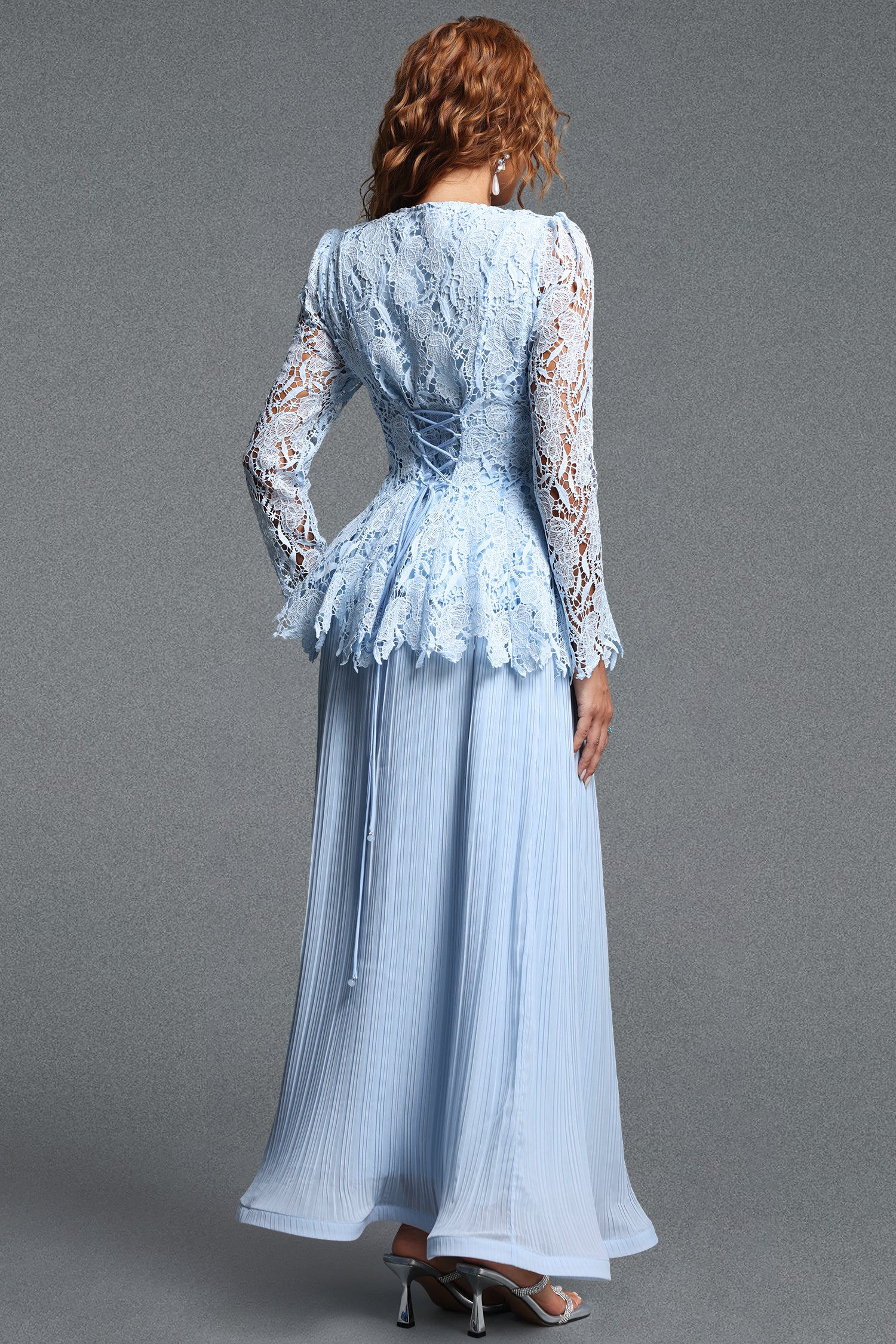 Veva Romantic Flowy V-Neck Long Sleeve Lace Spliced Pleated Chiffon Maxi Dress	