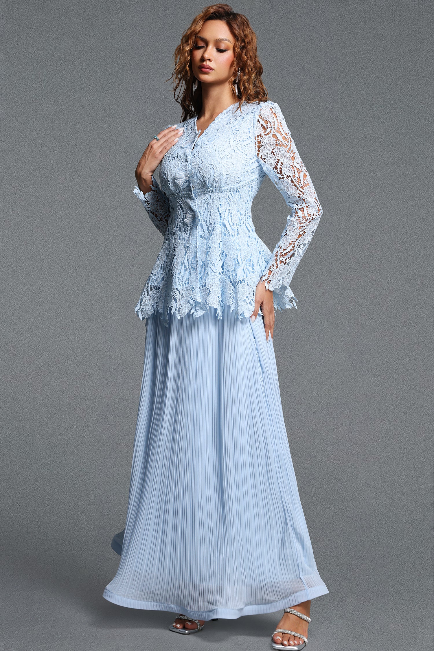 Veva Romantic Flowy V-Neck Long Sleeve Lace Spliced Pleated Chiffon Maxi Dress	