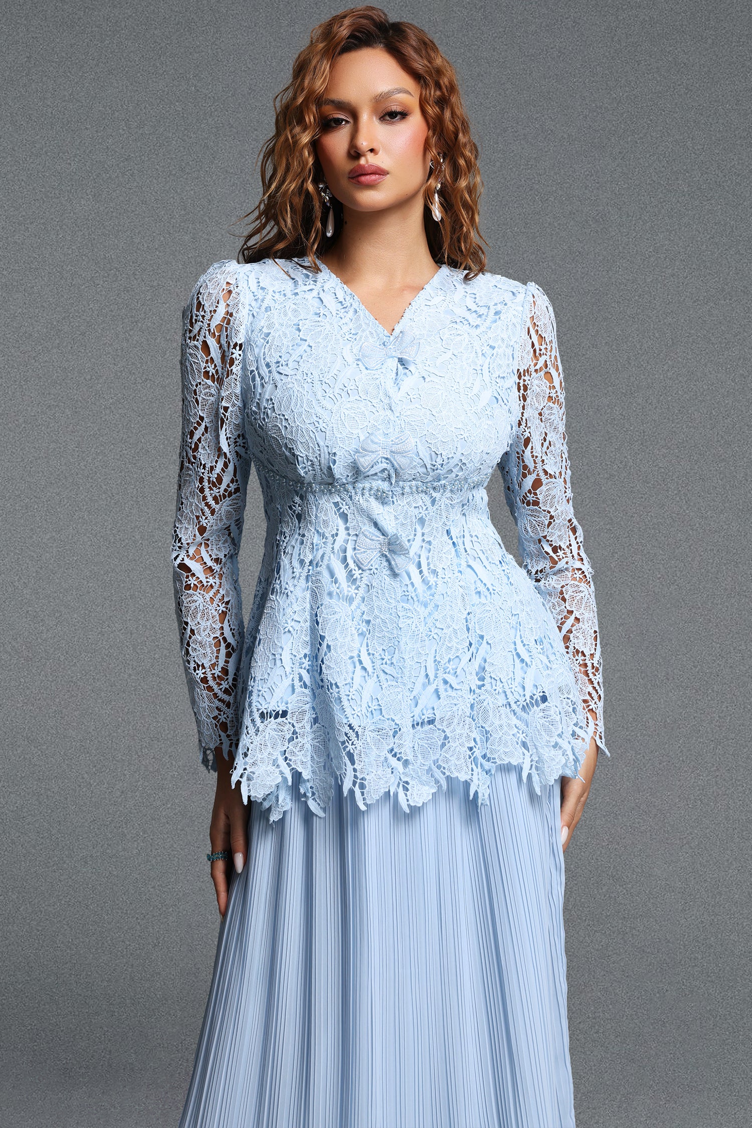 Veva Romantic Flowy V-Neck Long Sleeve Lace Spliced Pleated Chiffon Maxi Dress	