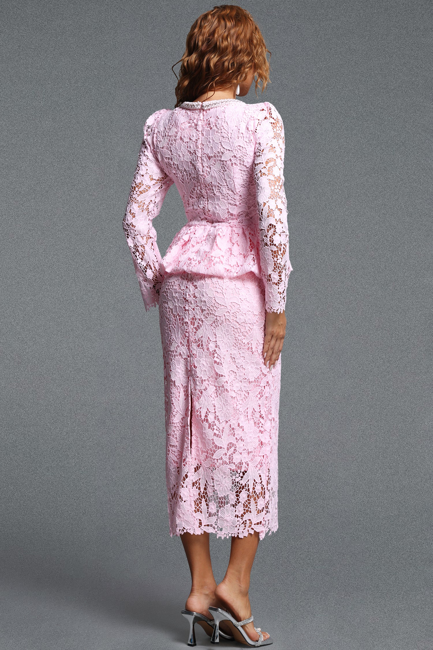 Lucifa Elegant Tailored Pearl Embellished Round Neck Long Sleeve Ruffle Lace Maxi Dress	