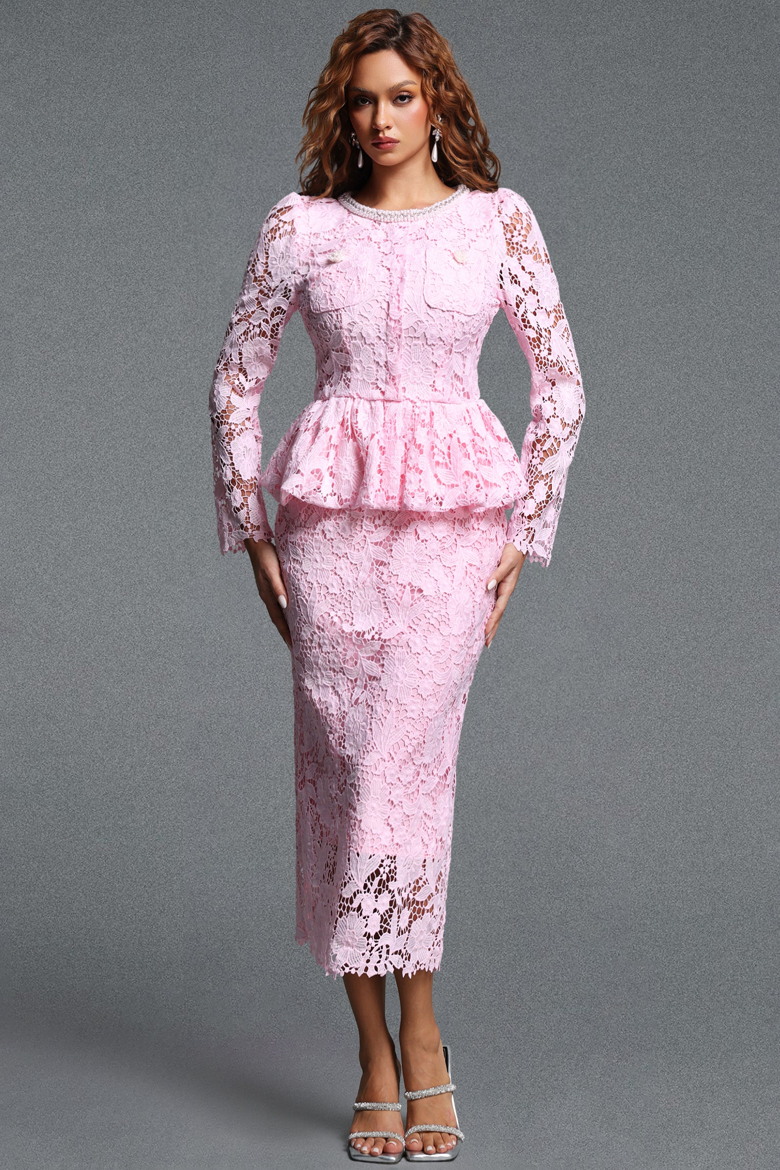 Lucifa Elegant Tailored Pearl Embellished Round Neck Long Sleeve Ruffle Lace Maxi Dress	
