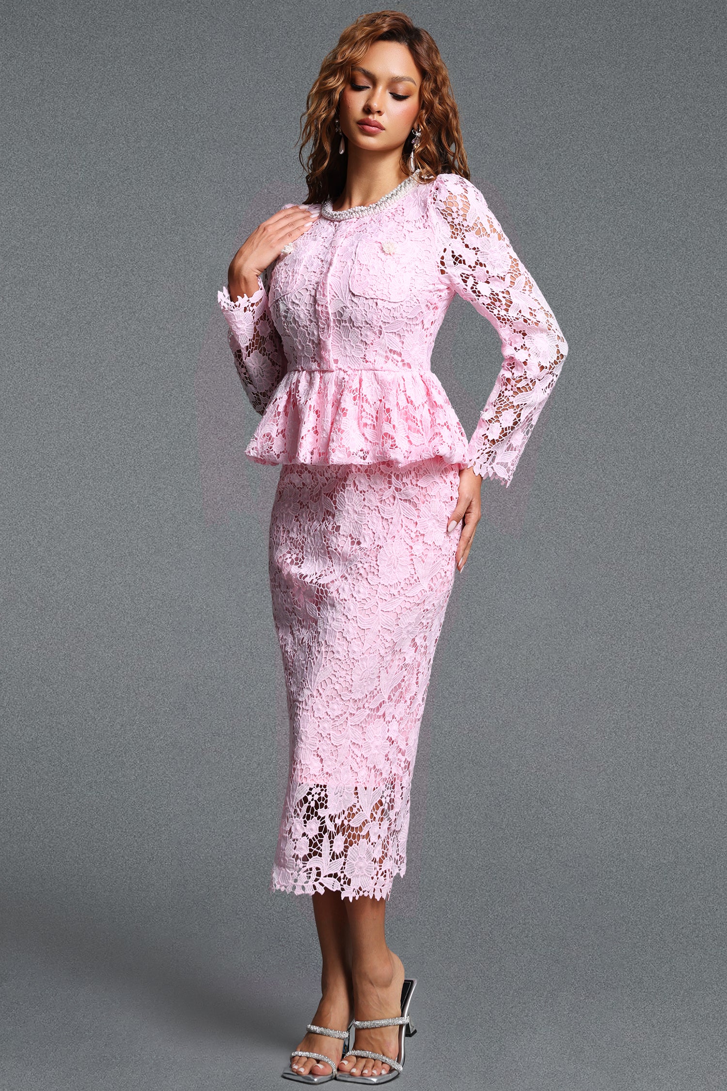Lucifa Elegant Tailored Pearl Embellished Round Neck Long Sleeve Ruffle Lace Maxi Dress	