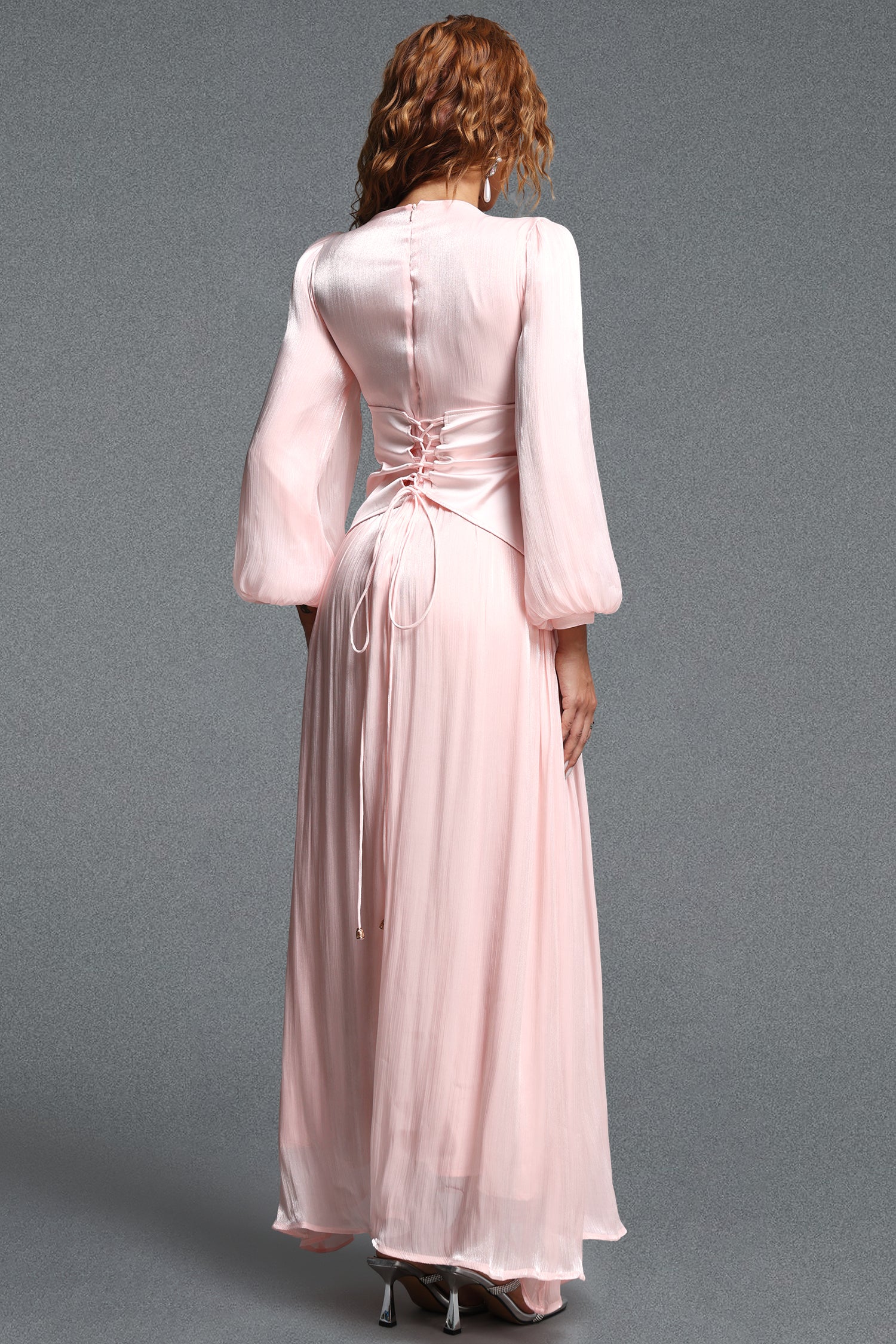 Kasey Romantic Flowy Round Neck Long Sleeve Rhinestone Pleated Shimmer Satin Maxi Dress	