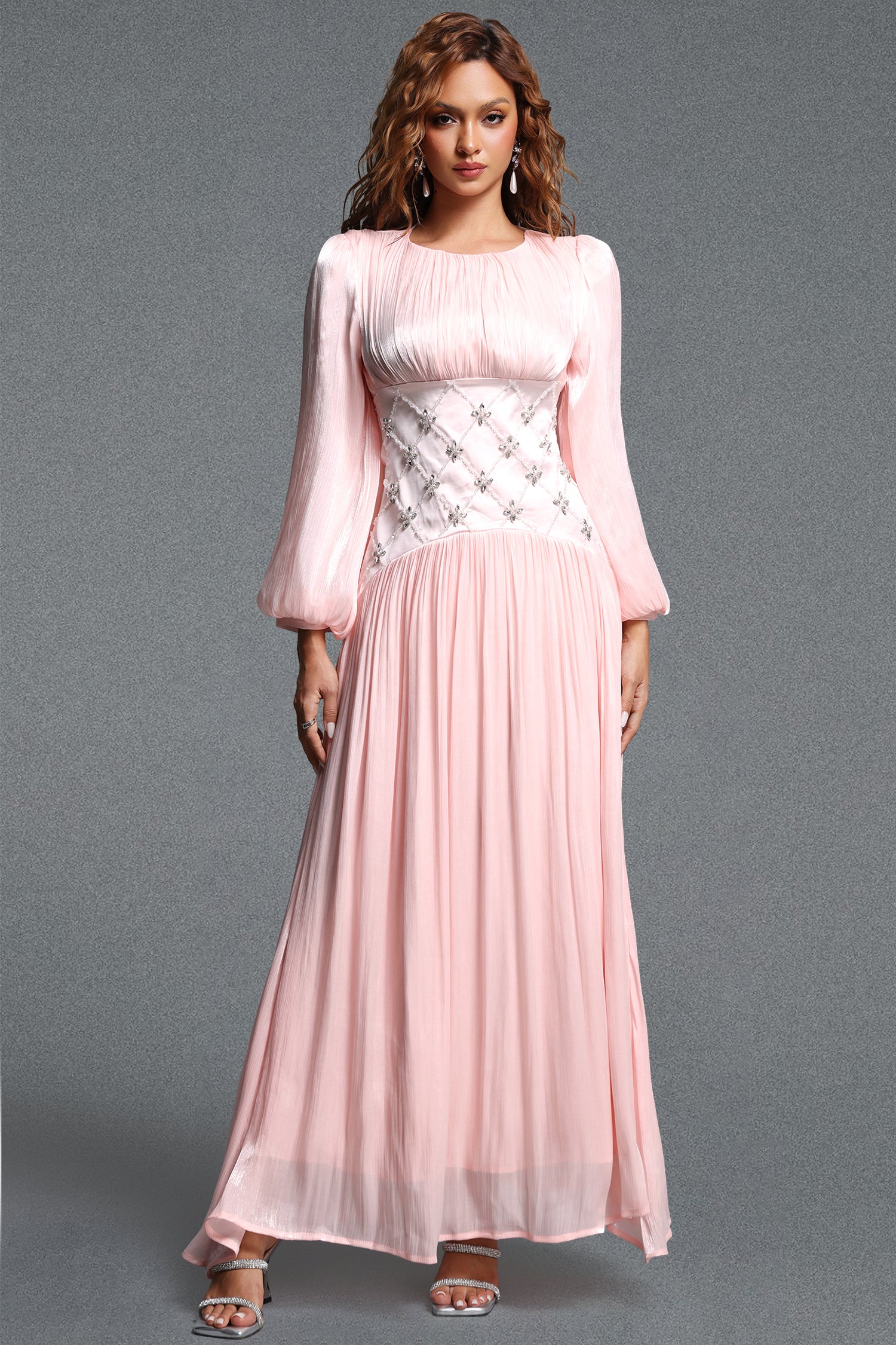 Kasey Romantic Flowy Round Neck Long Sleeve Rhinestone Pleated Shimmer Satin Maxi Dress	