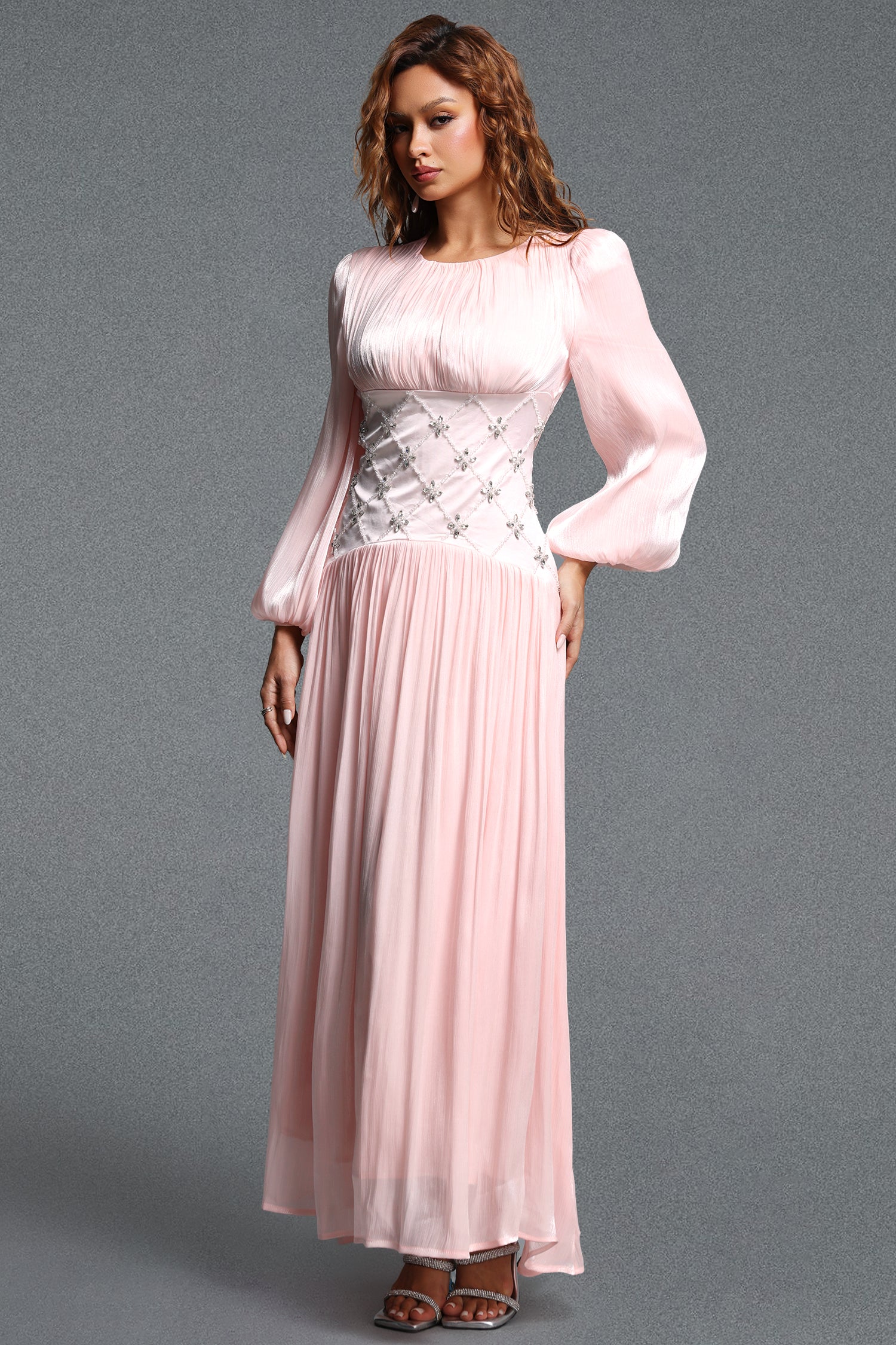 Kasey Romantic Flowy Round Neck Long Sleeve Rhinestone Pleated Shimmer Satin Maxi Dress	
