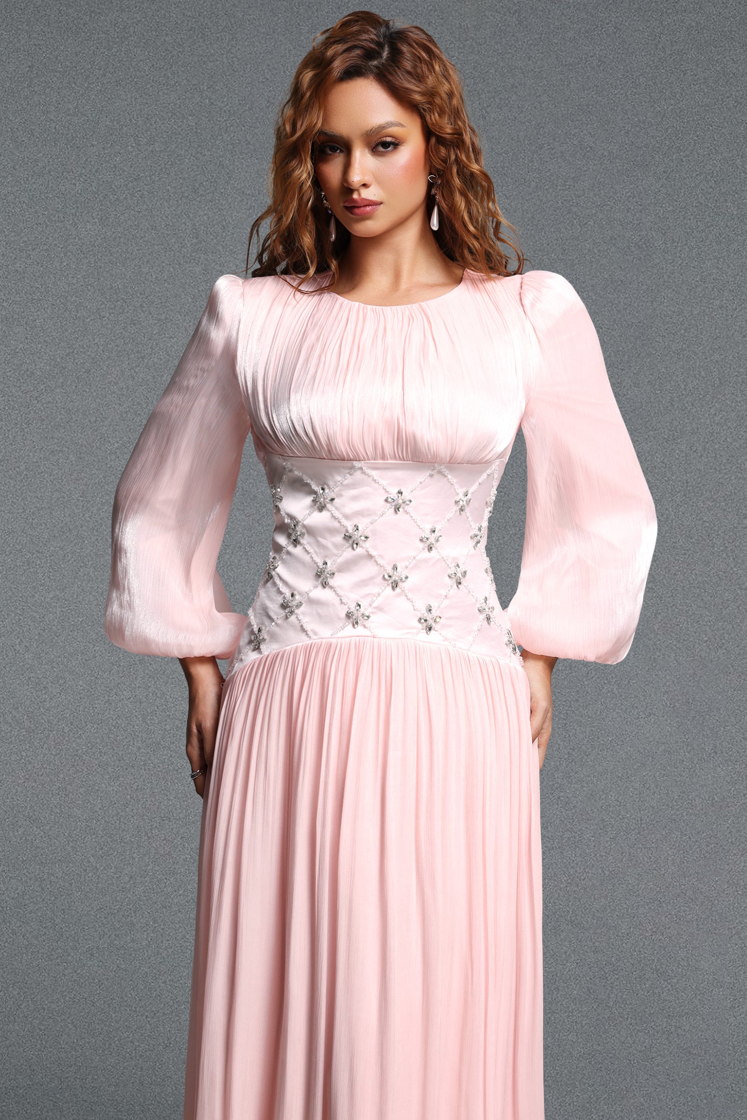 Kasey Romantic Flowy Round Neck Long Sleeve Rhinestone Pleated Shimmer Satin Maxi Dress	