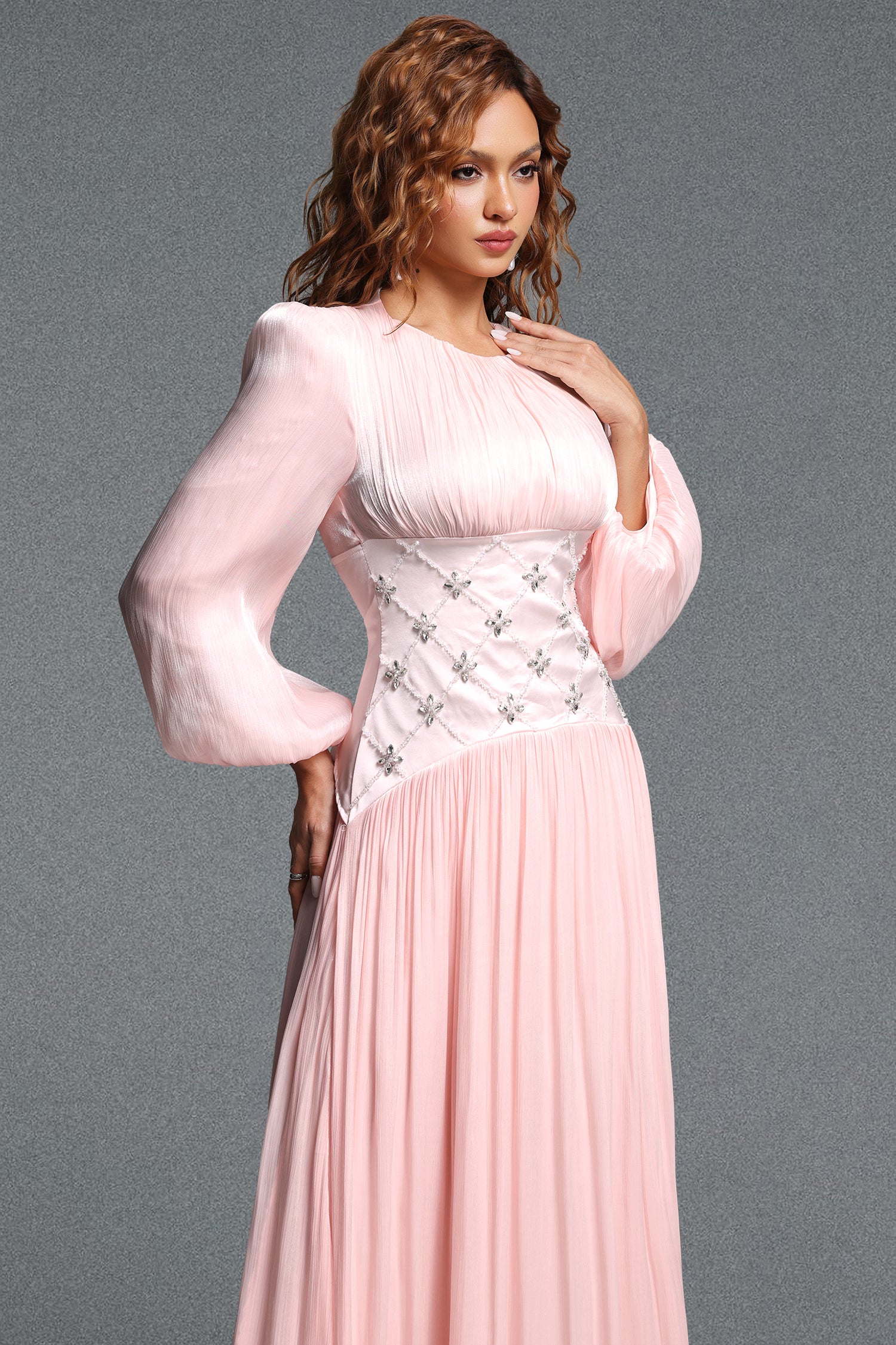 Kasey Romantic Flowy Round Neck Long Sleeve Rhinestone Pleated Shimmer Satin Maxi Dress	
