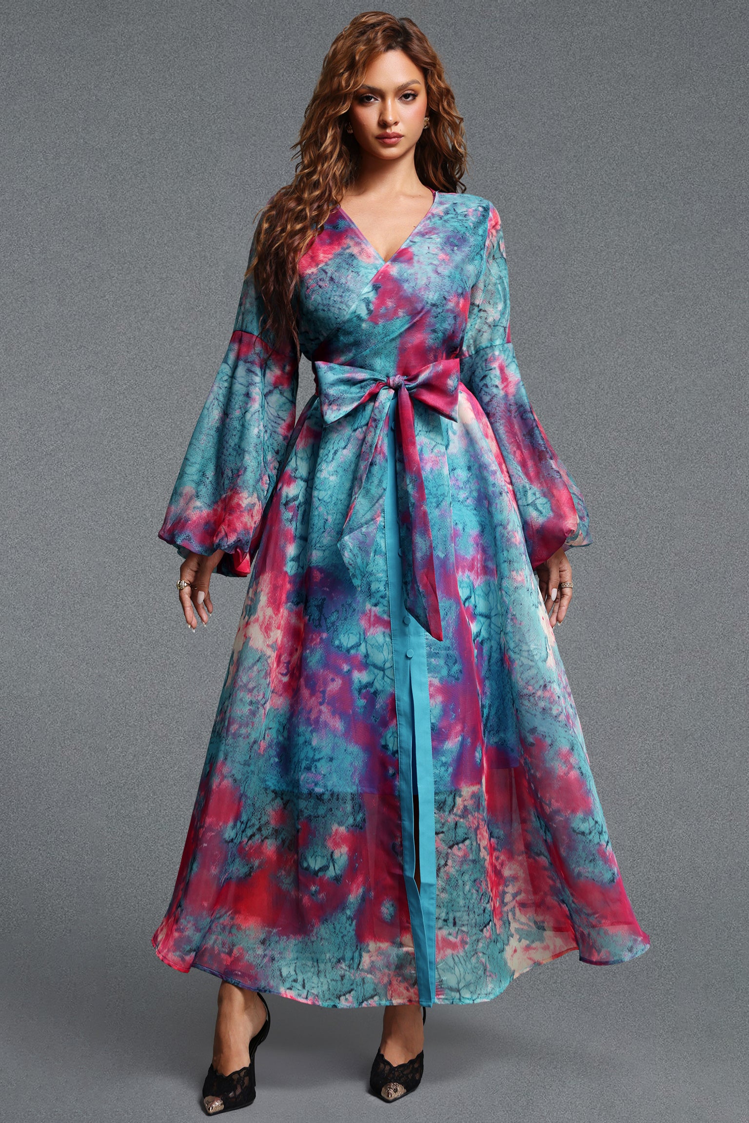 Lalila Romantic Flowy V-Neck Long Sleeve Printed Organza Maxi Dress	