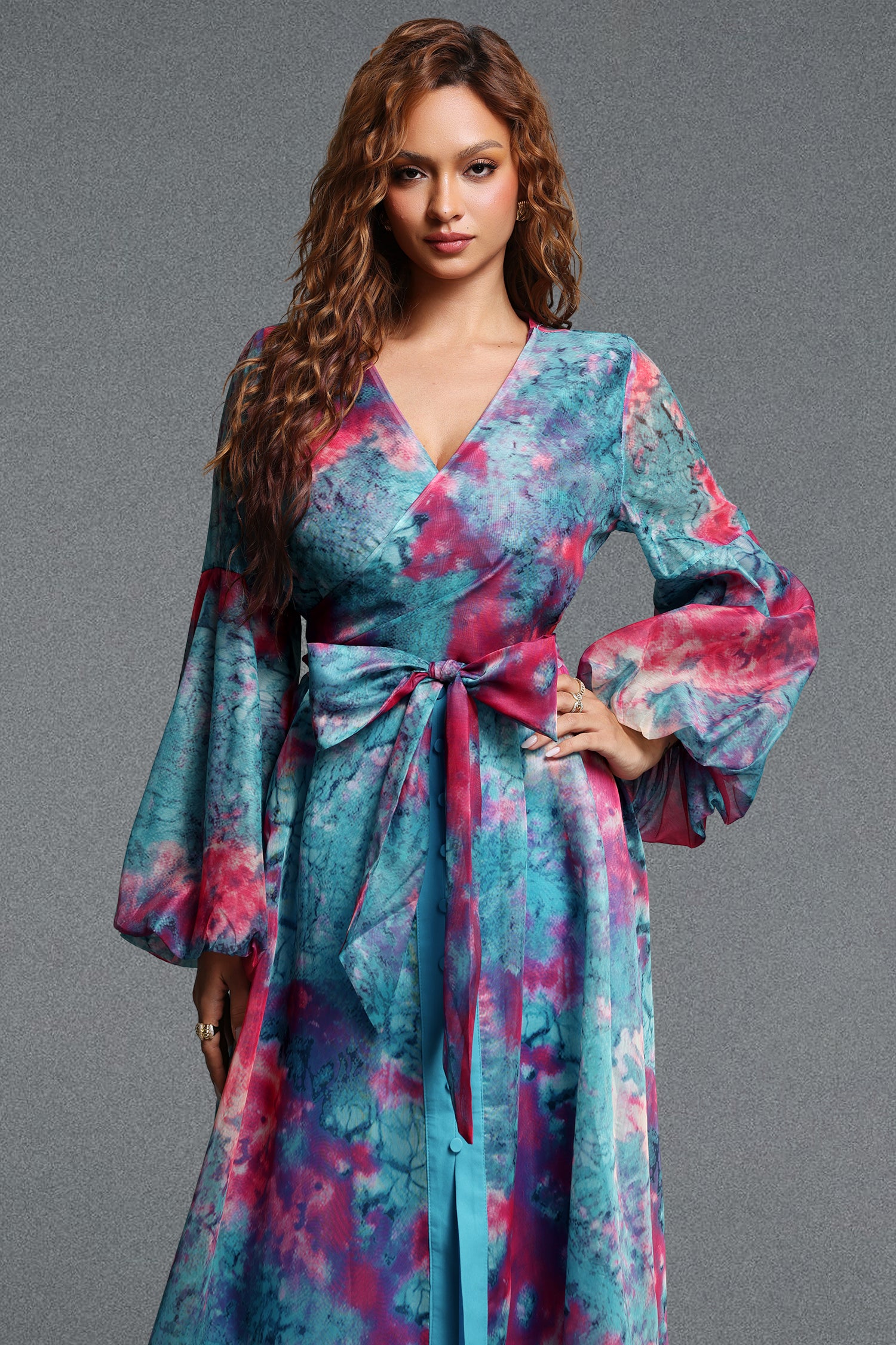 Lalila Romantic Flowy V-Neck Long Sleeve Printed Organza Maxi Dress	