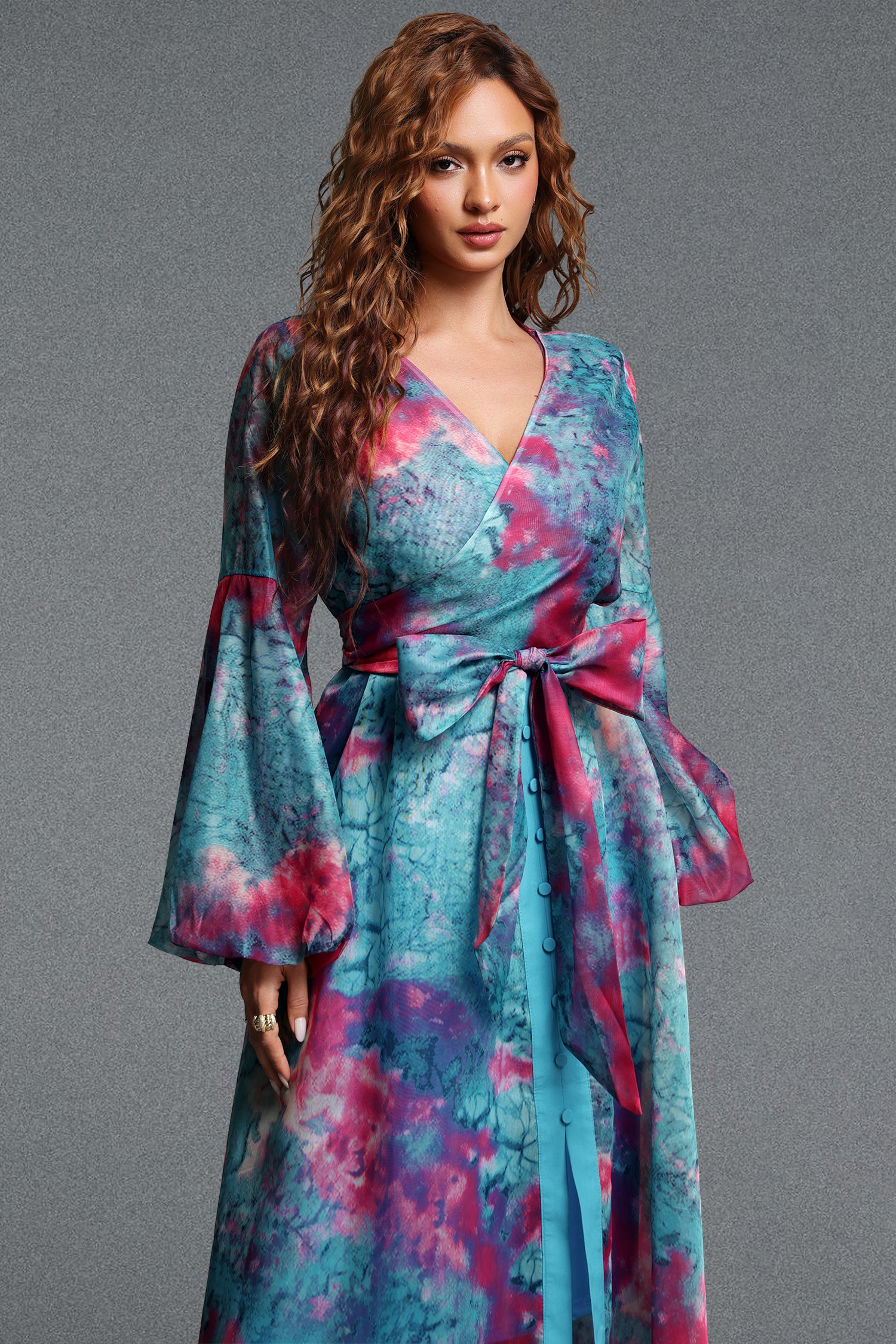 Lalila Romantic Flowy V-Neck Long Sleeve Printed Organza Maxi Dress	