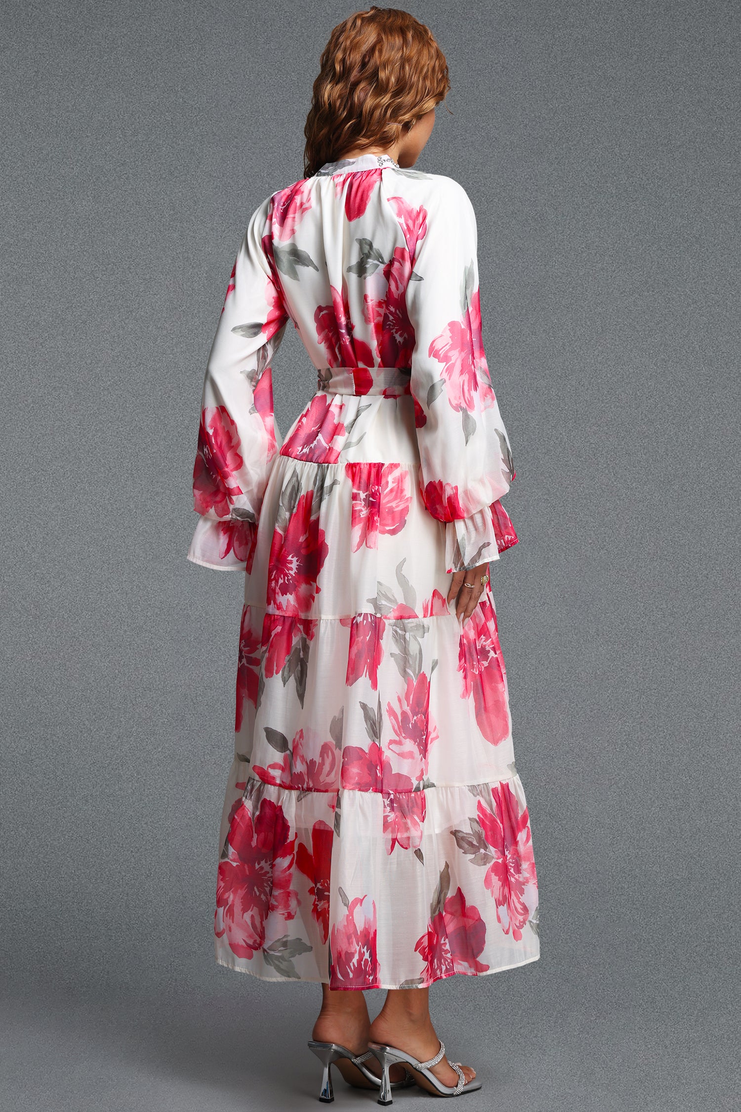 Majrela Romantic Flowy V-Neck Long Sleeve Rhinestone Floral Print Organza Red Maxi Dress	