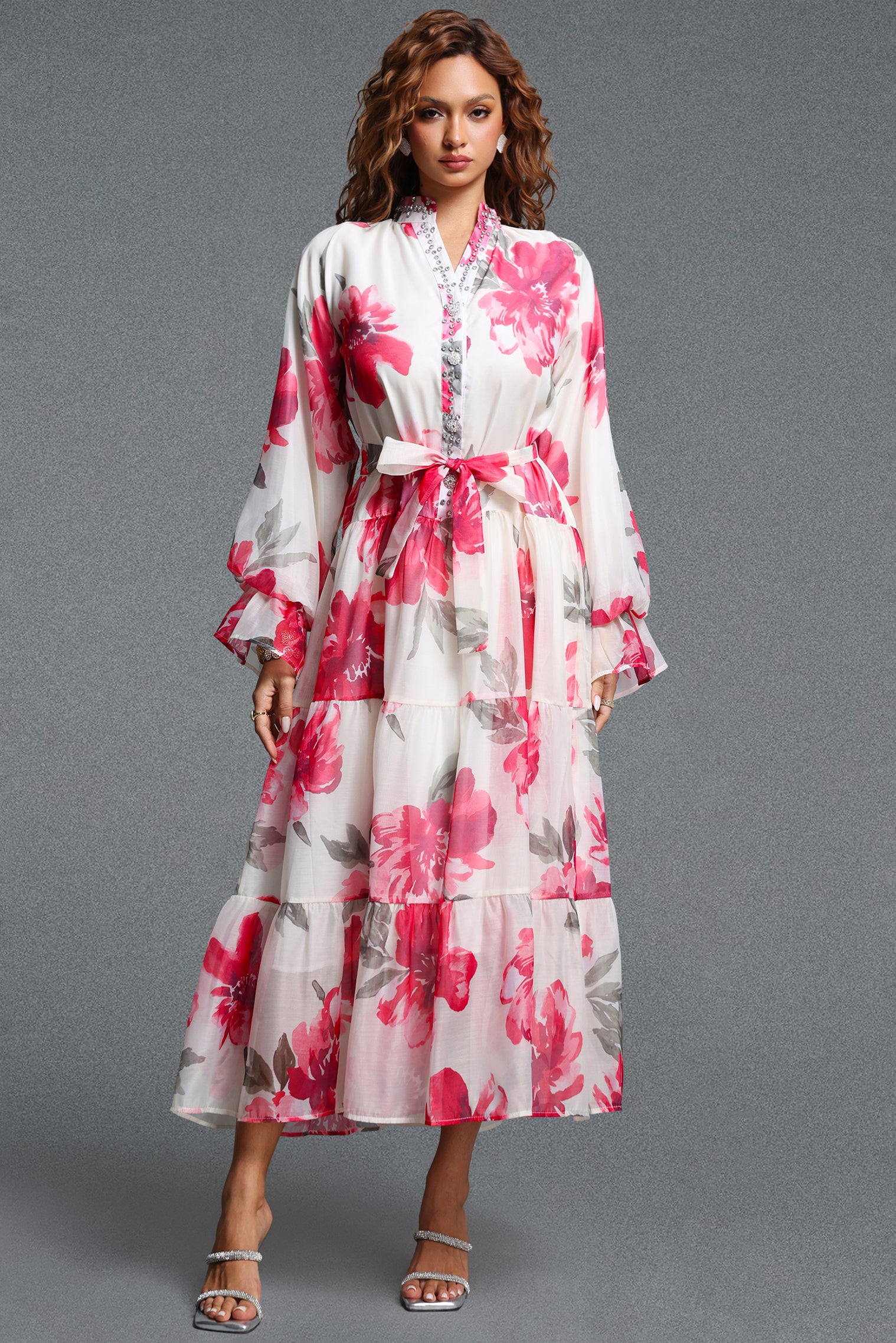 Majrela Romantic Flowy V-Neck Long Sleeve Rhinestone Floral Print Organza Red Maxi Dress	