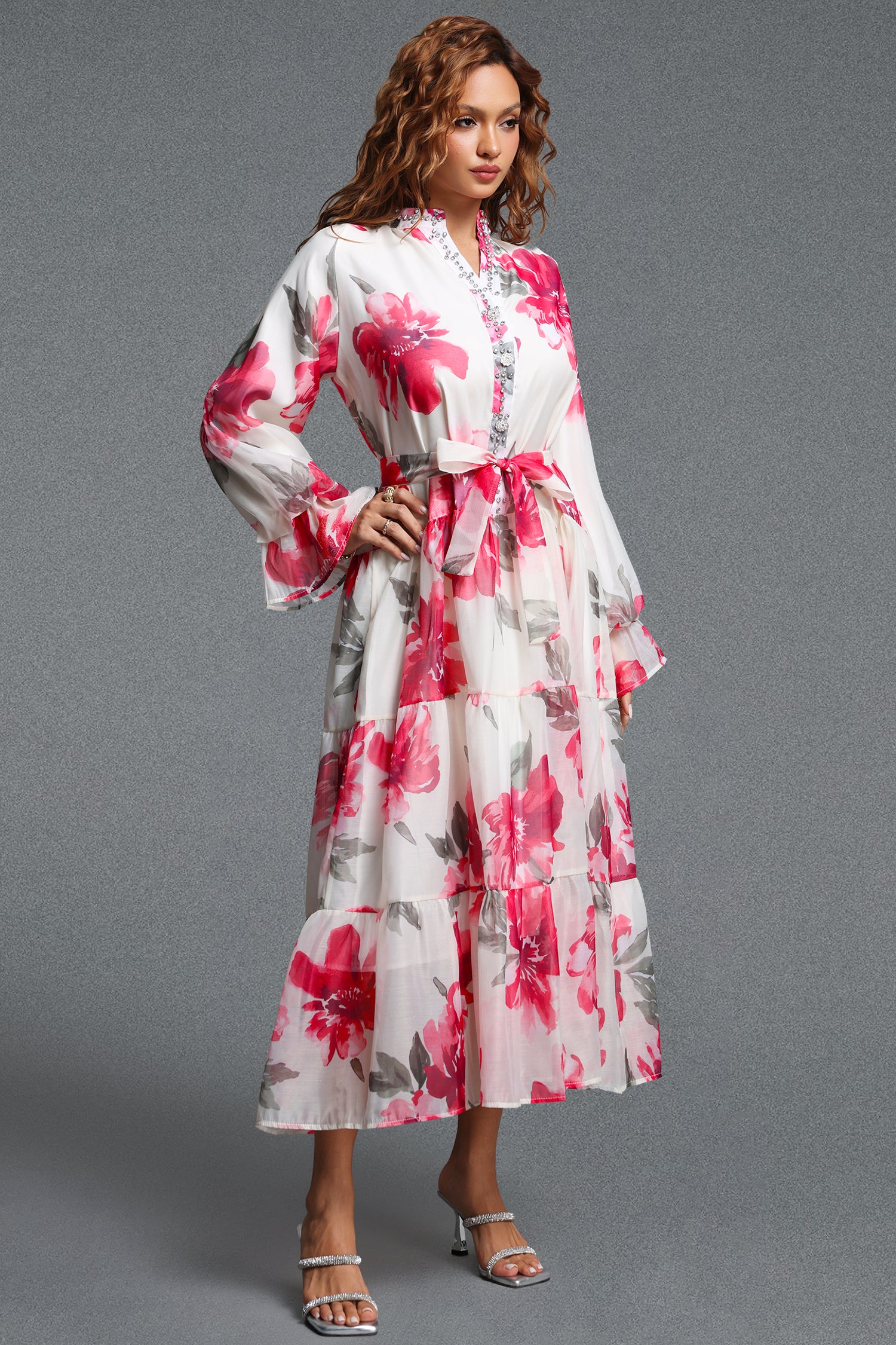 Majrela Romantic Flowy V-Neck Long Sleeve Rhinestone Floral Print Organza Red Maxi Dress	