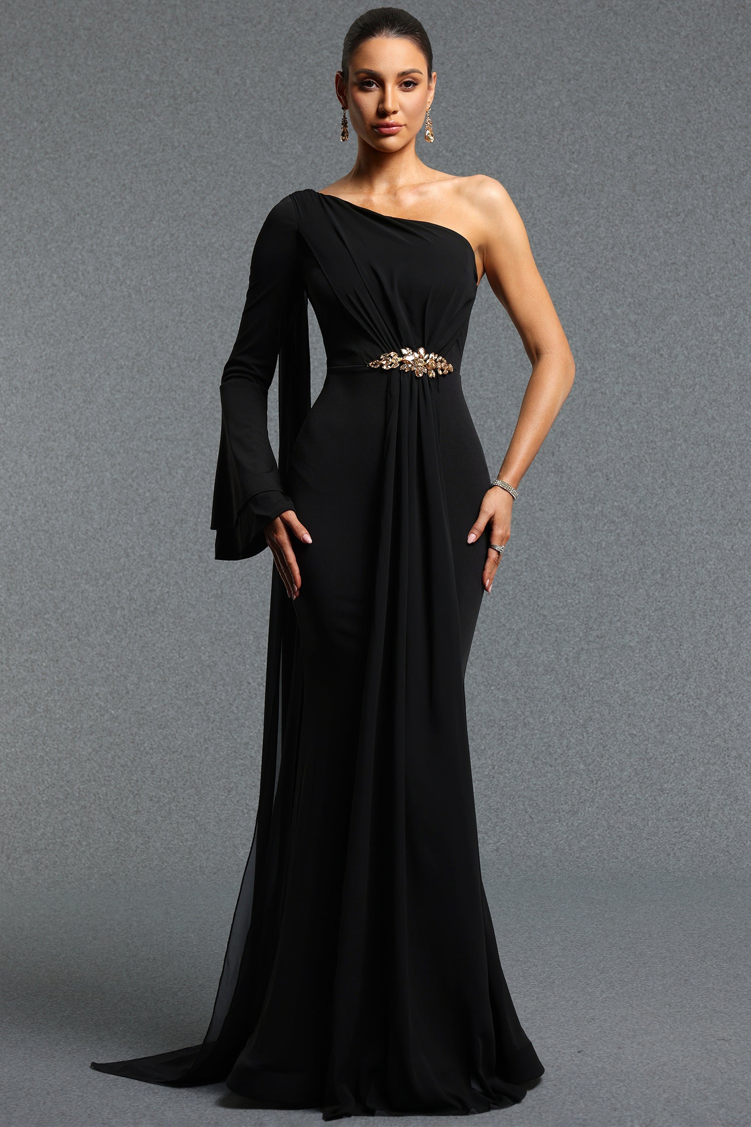 Venal Elegant Contour One Shoulder Long Sleeve Ruched Maxi Dress	