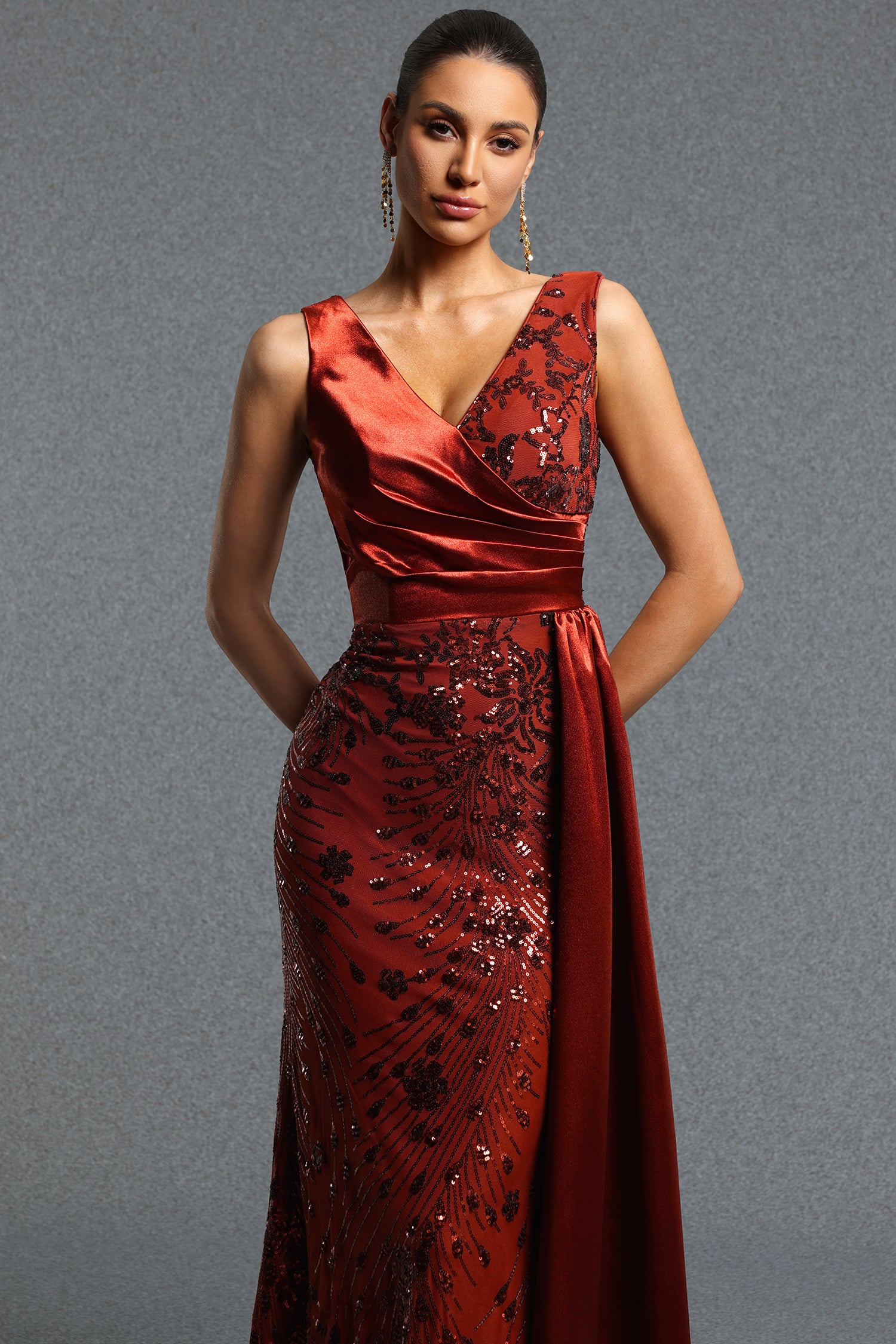 Milo Classic Contour V Neck Sleeveless Sequin Ruched Sash Orange Maxi Dress	