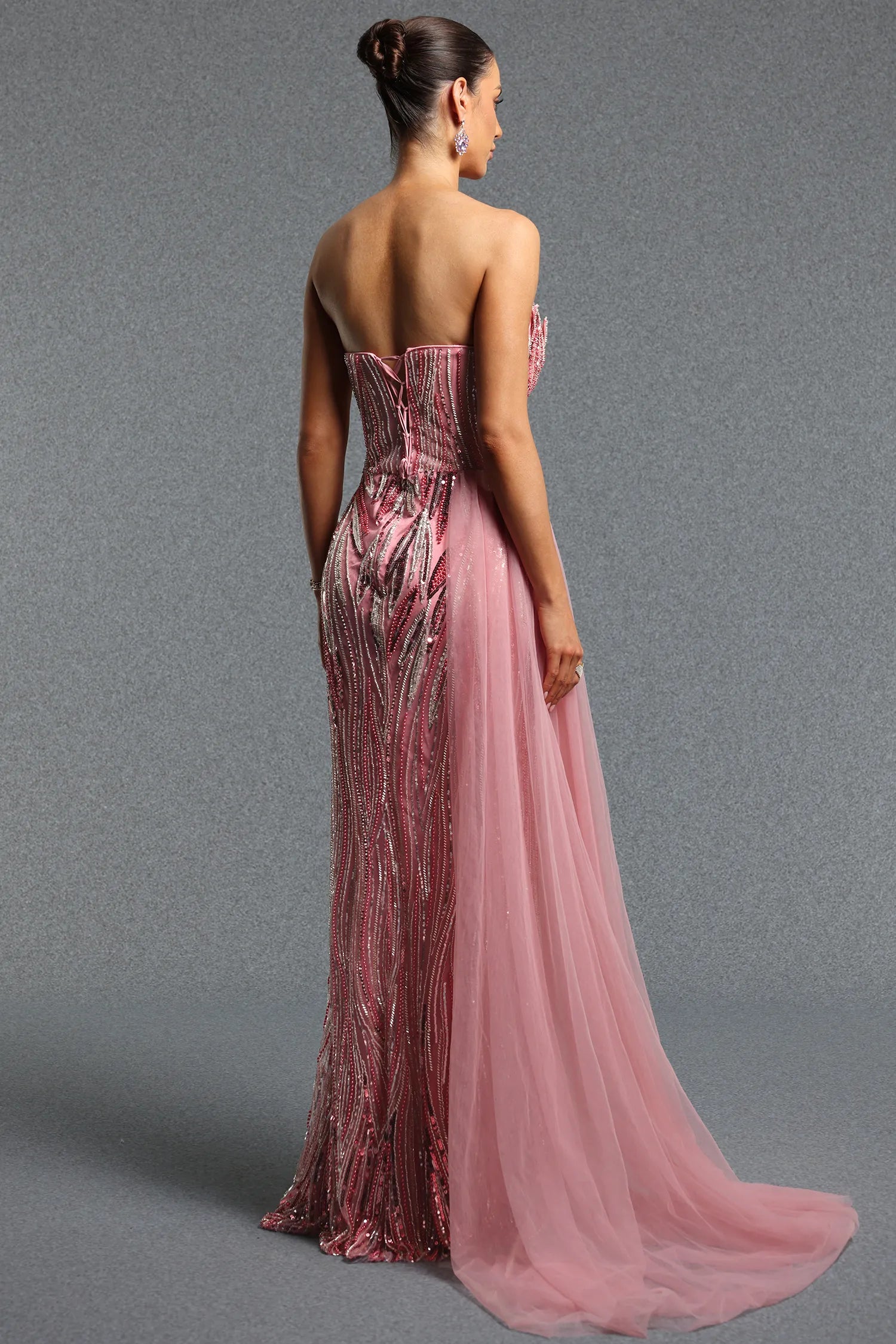 Derza Gorgeous Contour Strapless Sequin Mesh Train Maxi Dress