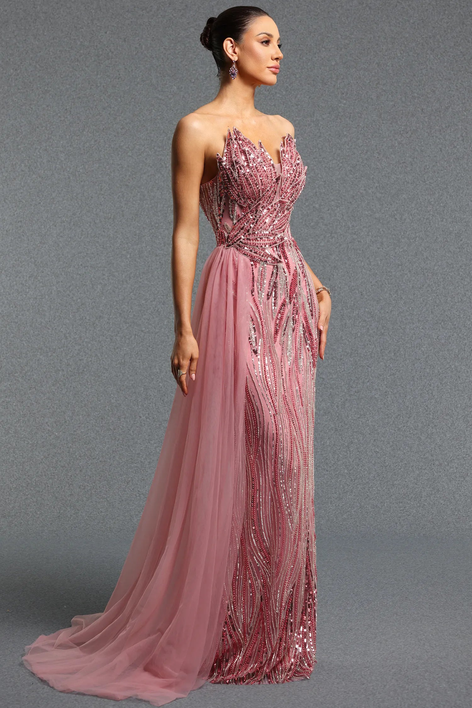 Derza Gorgeous Contour Strapless Sequin Mesh Train Maxi Dress