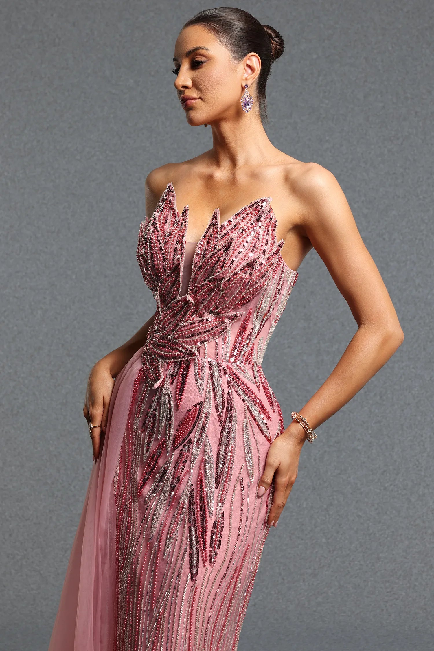 Derza Gorgeous Contour Strapless Sequin Mesh Train Maxi Dress