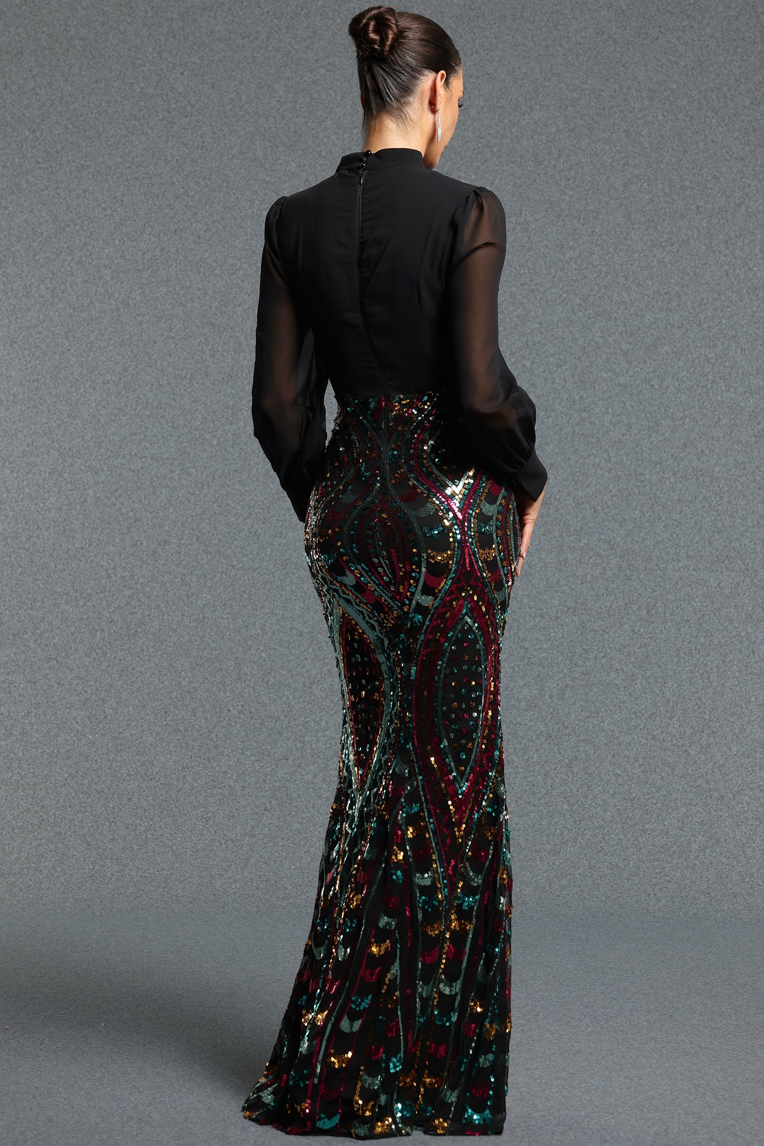 Kusa Gorgeous Contour Mock Neck Long Sleeve Sequin Maxi Dress	