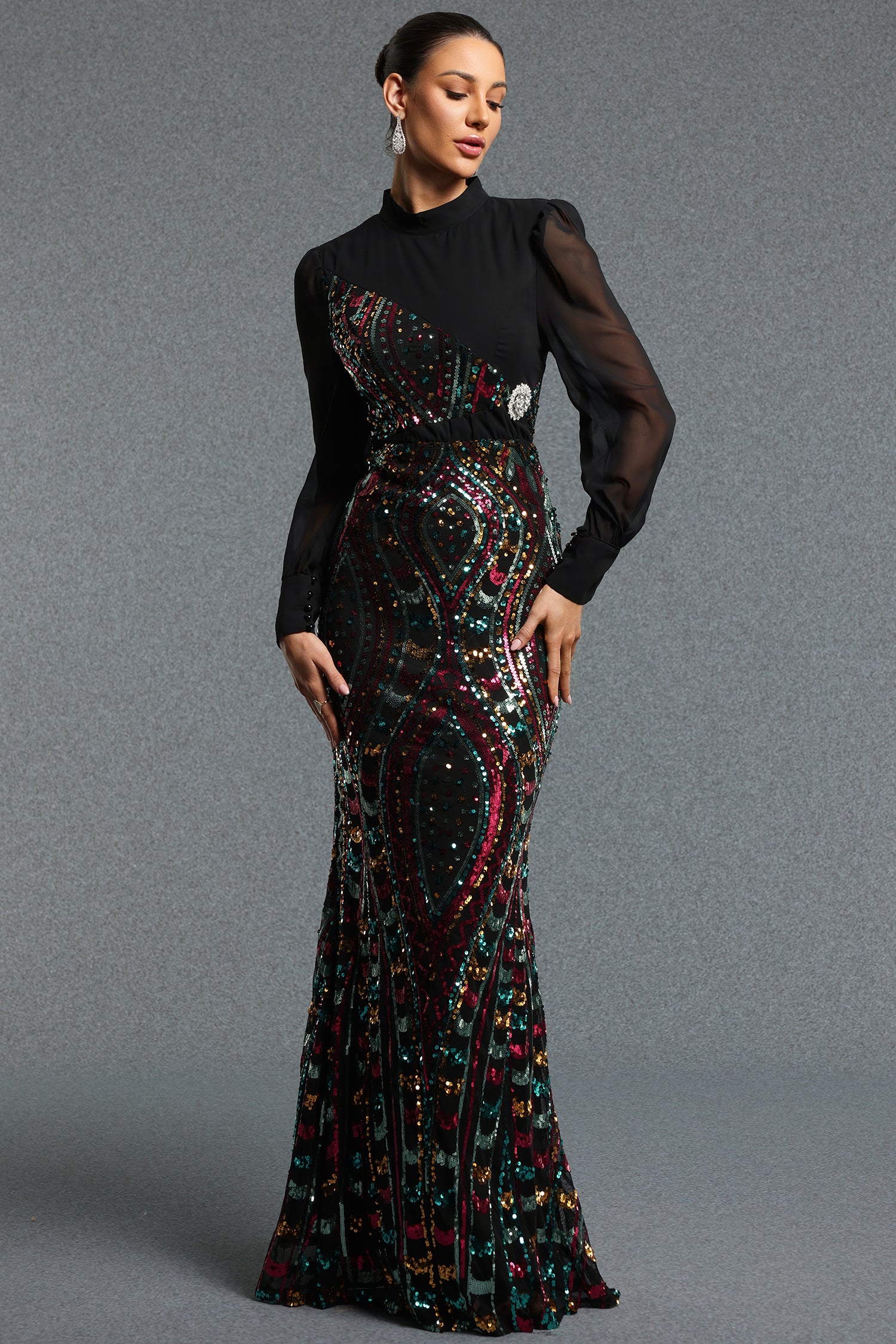 Kusa Gorgeous Contour Mock Neck Long Sleeve Sequin Maxi Dress	