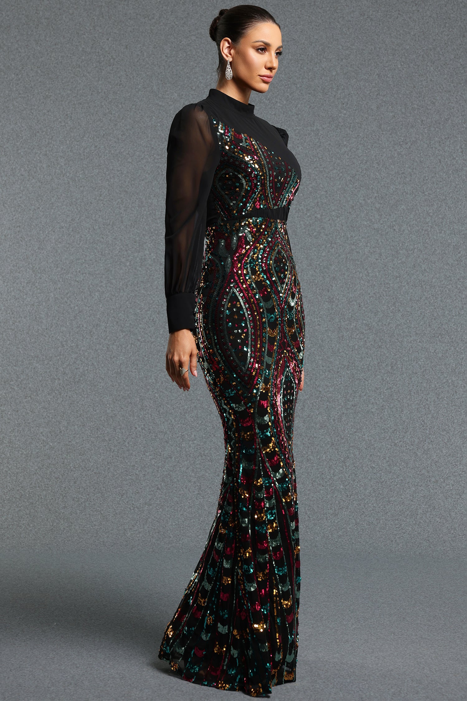 Kusa Gorgeous Contour Mock Neck Long Sleeve Sequin Maxi Dress	