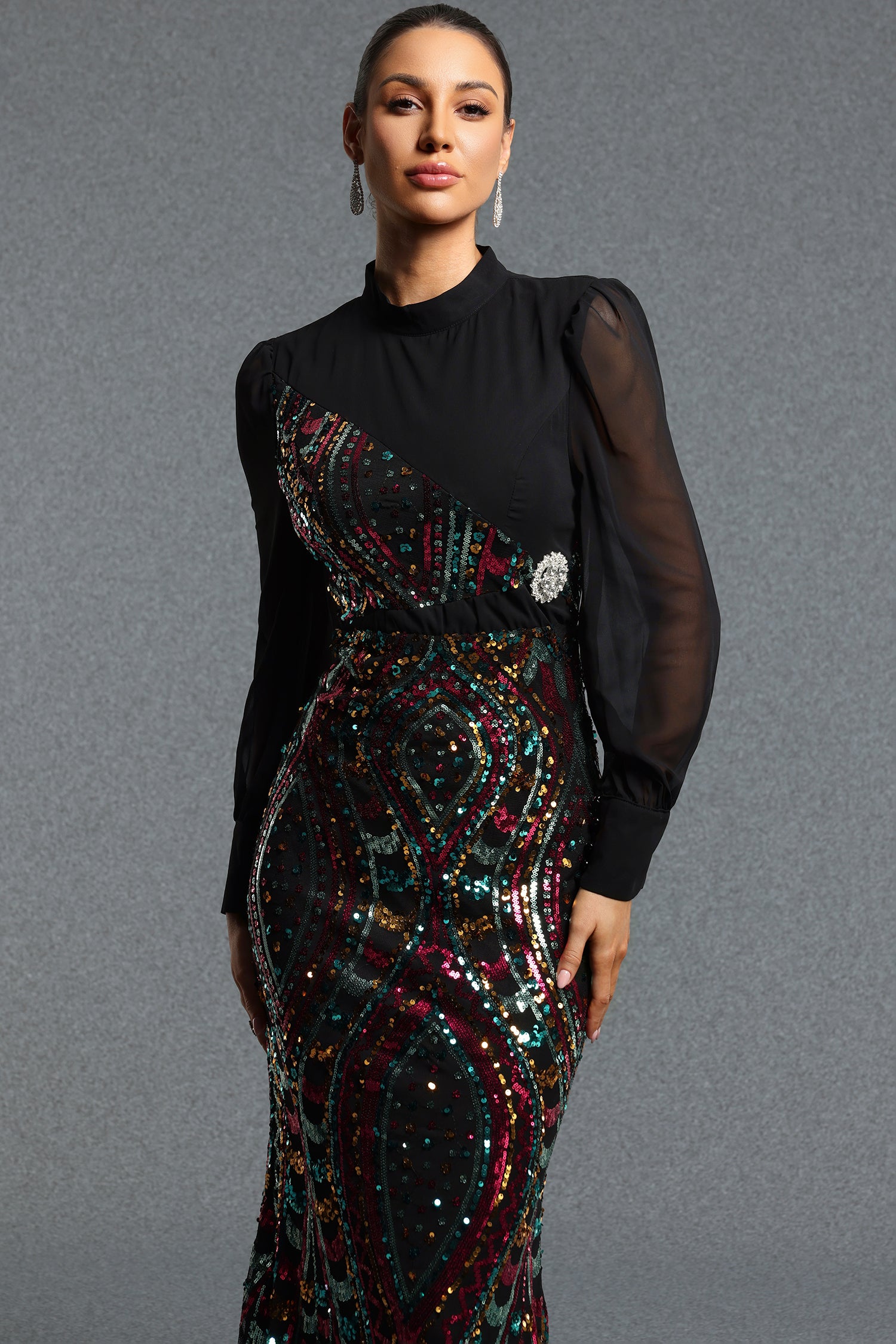 Kusa Gorgeous Contour Mock Neck Long Sleeve Sequin Maxi Dress	