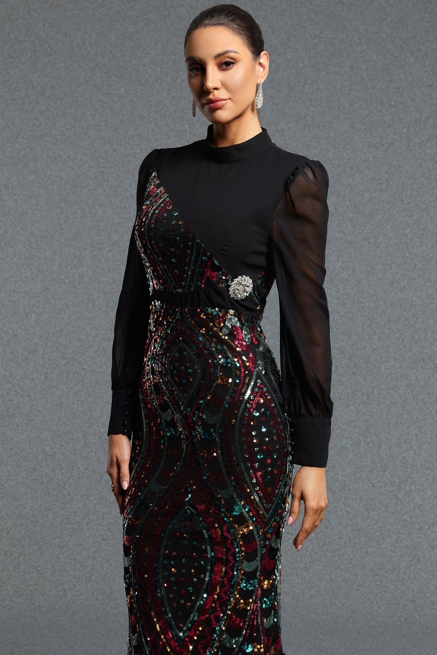 Kusa Gorgeous Contour Mock Neck Long Sleeve Sequin Maxi Dress	