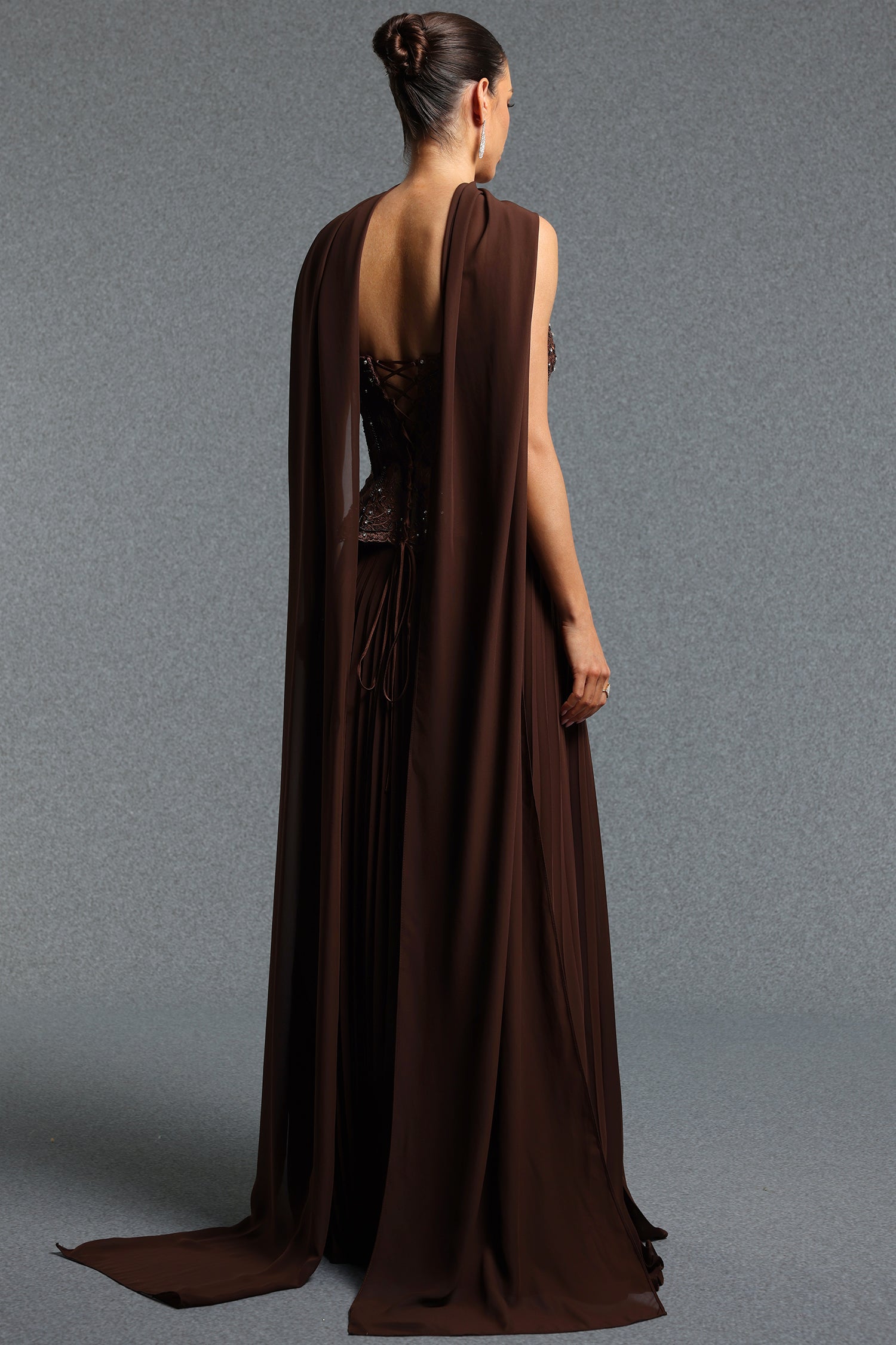 Lafesa Elegant Flowy Strapless Pleated Lace Cape Long Top & Skirt Set	