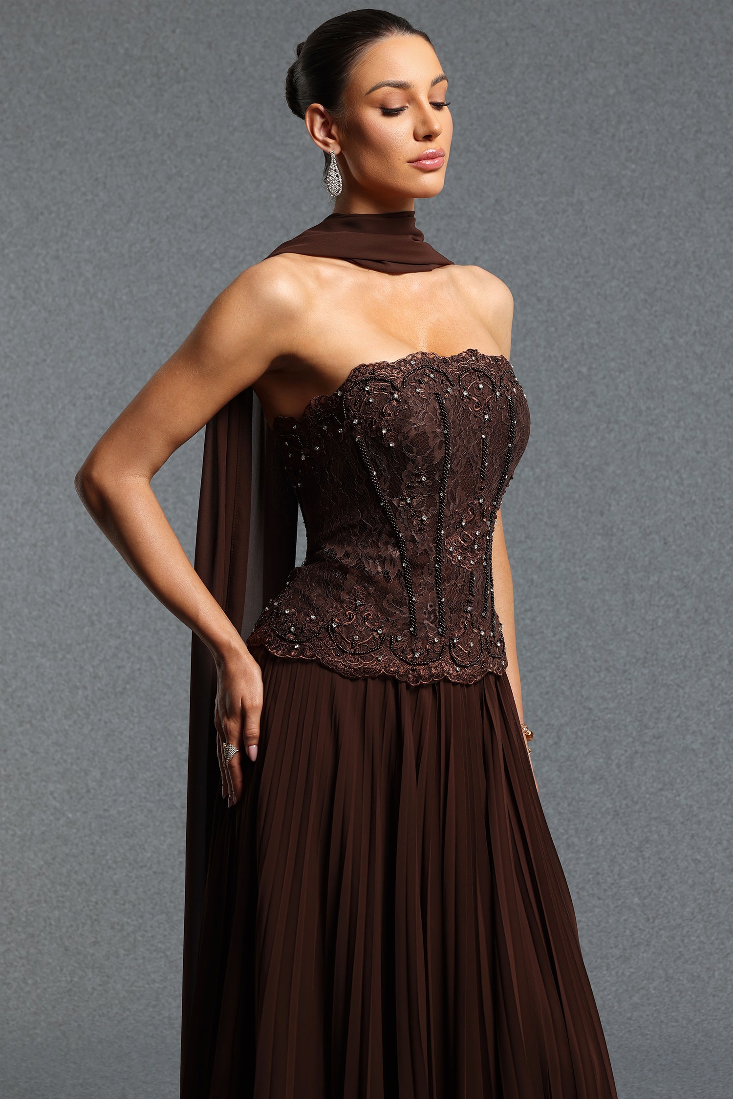 Lafesa Elegant Flowy Strapless Pleated Lace Cape Long Top & Skirt Set	