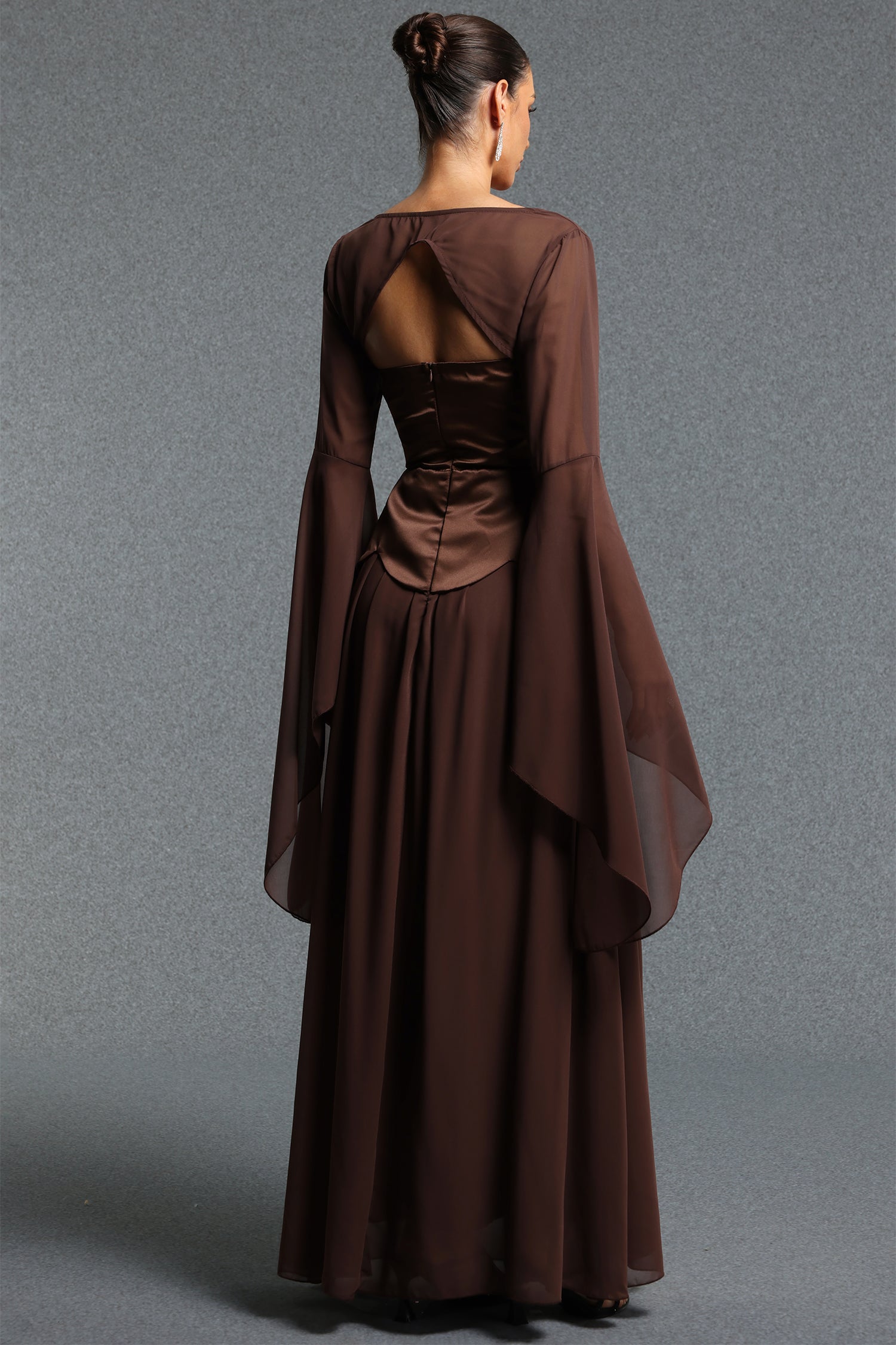 Yuni Elegant Flowy Sweetheart Neck Long Sleeve Beaded Chiffon Maxi Dress	