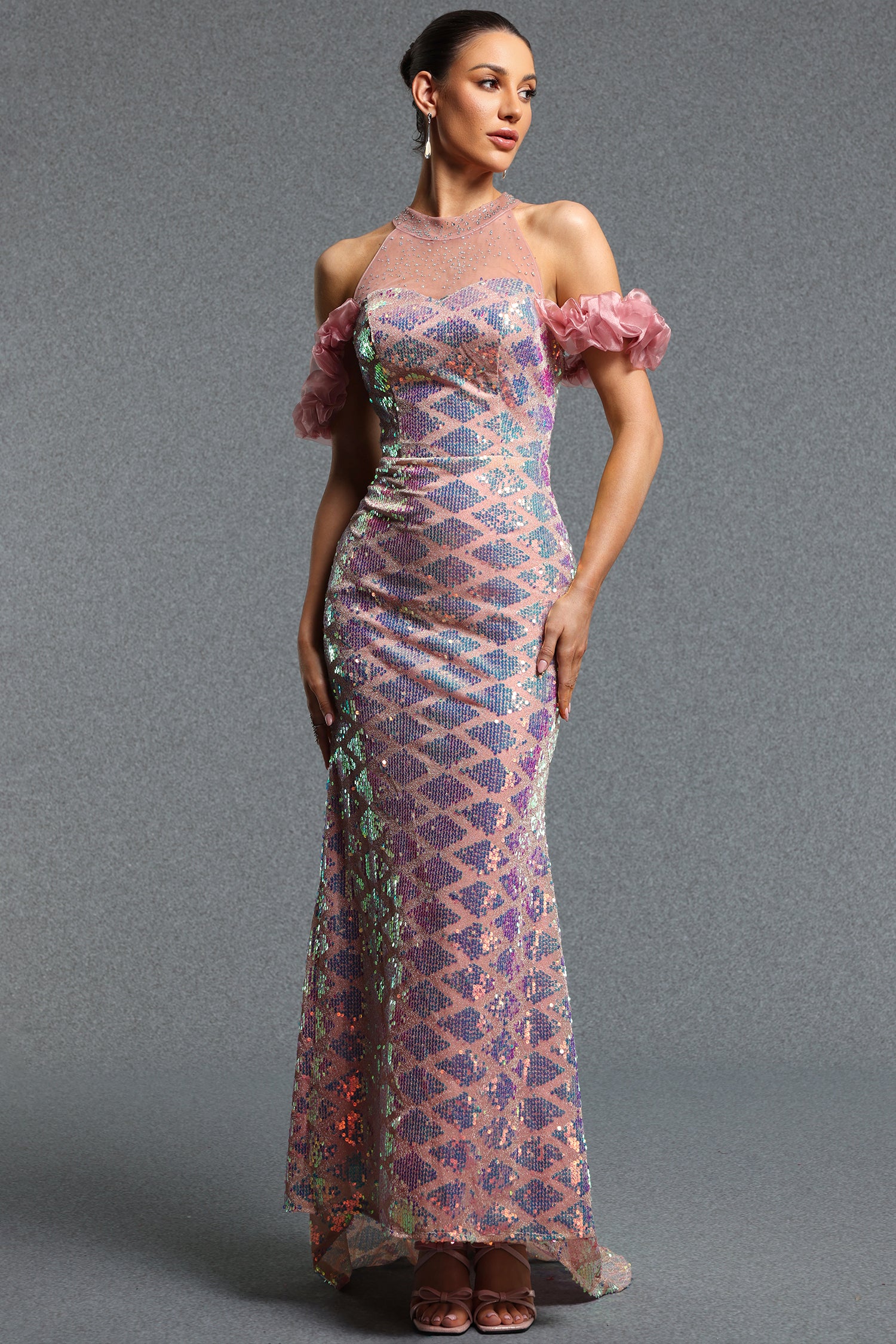 Xezey Elegant Halter Tulle Ruffle Iridescent Sequin Mermaid Maxi Dress	