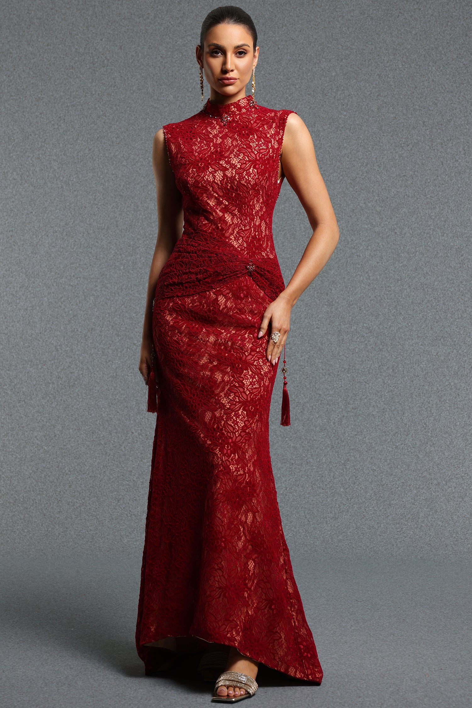 Kaiser Elegant Contour High Neck Sleeveless Lace Tassel Maxi Dress	