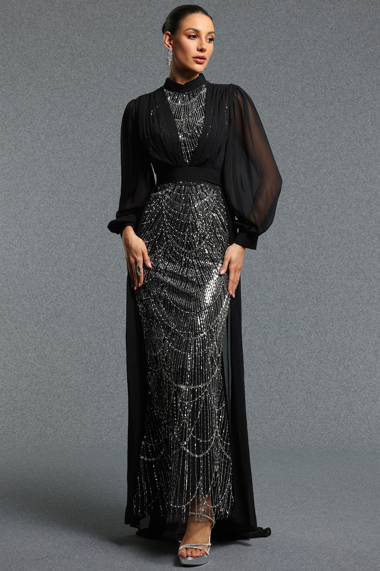 Rerily Elegant High Neck Sheer Chiffon Cape Beaded Mermaid Maxi Dress	