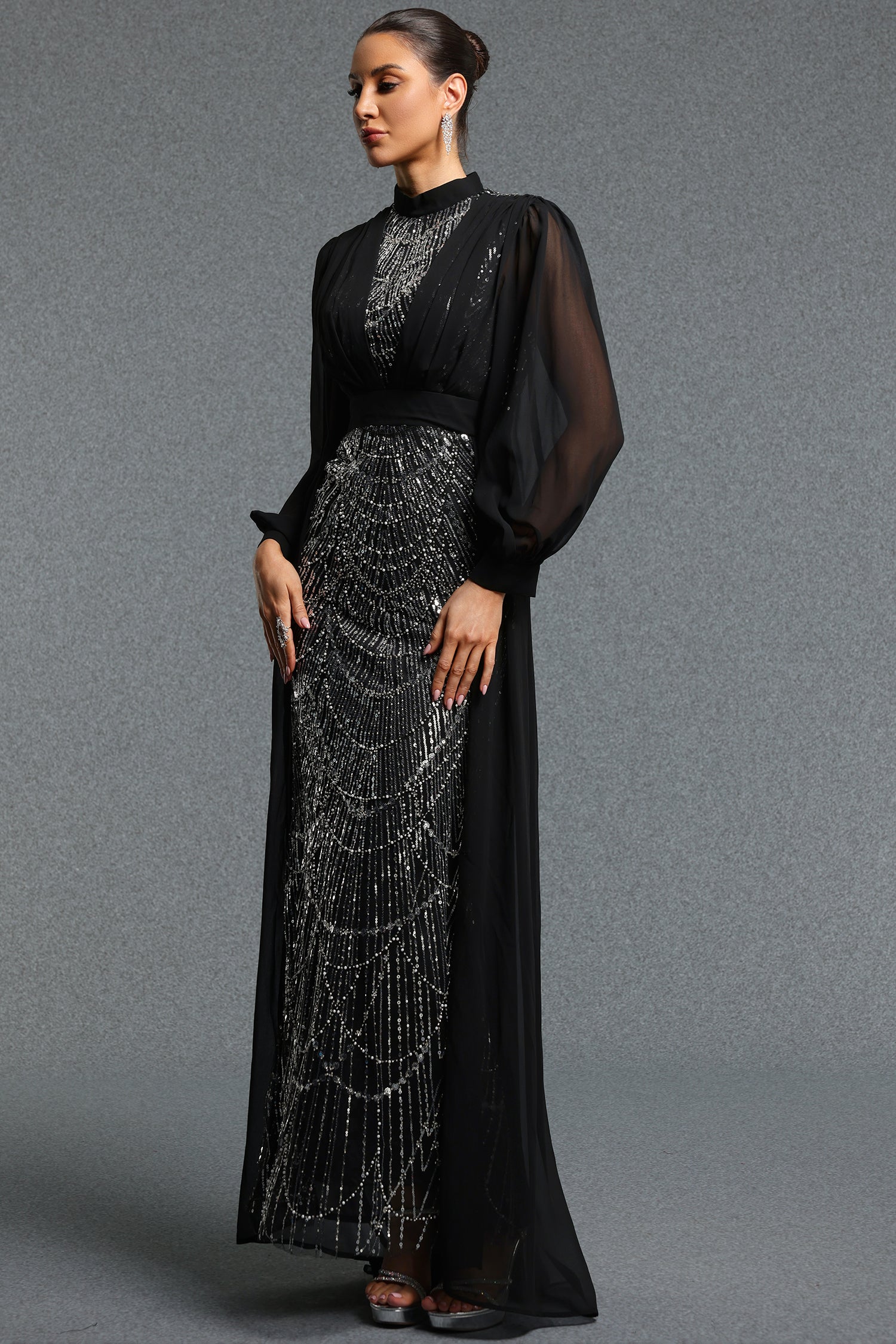 Rerily Elegant High Neck Sheer Chiffon Cape Beaded Mermaid Maxi Dress	