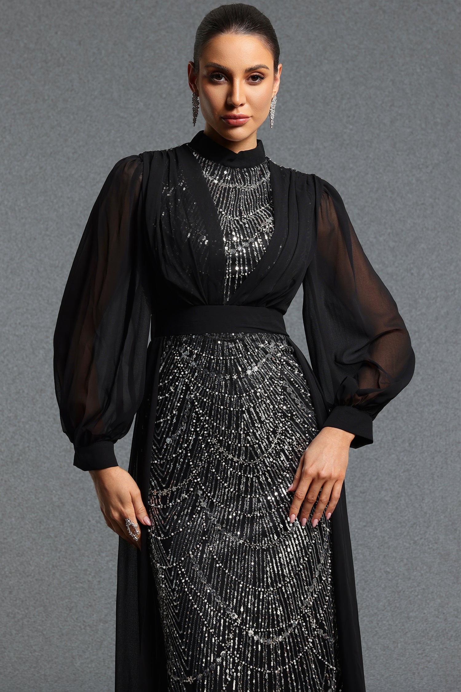 Rerily Elegant High Neck Sheer Chiffon Cape Beaded Mermaid Maxi Dress	
