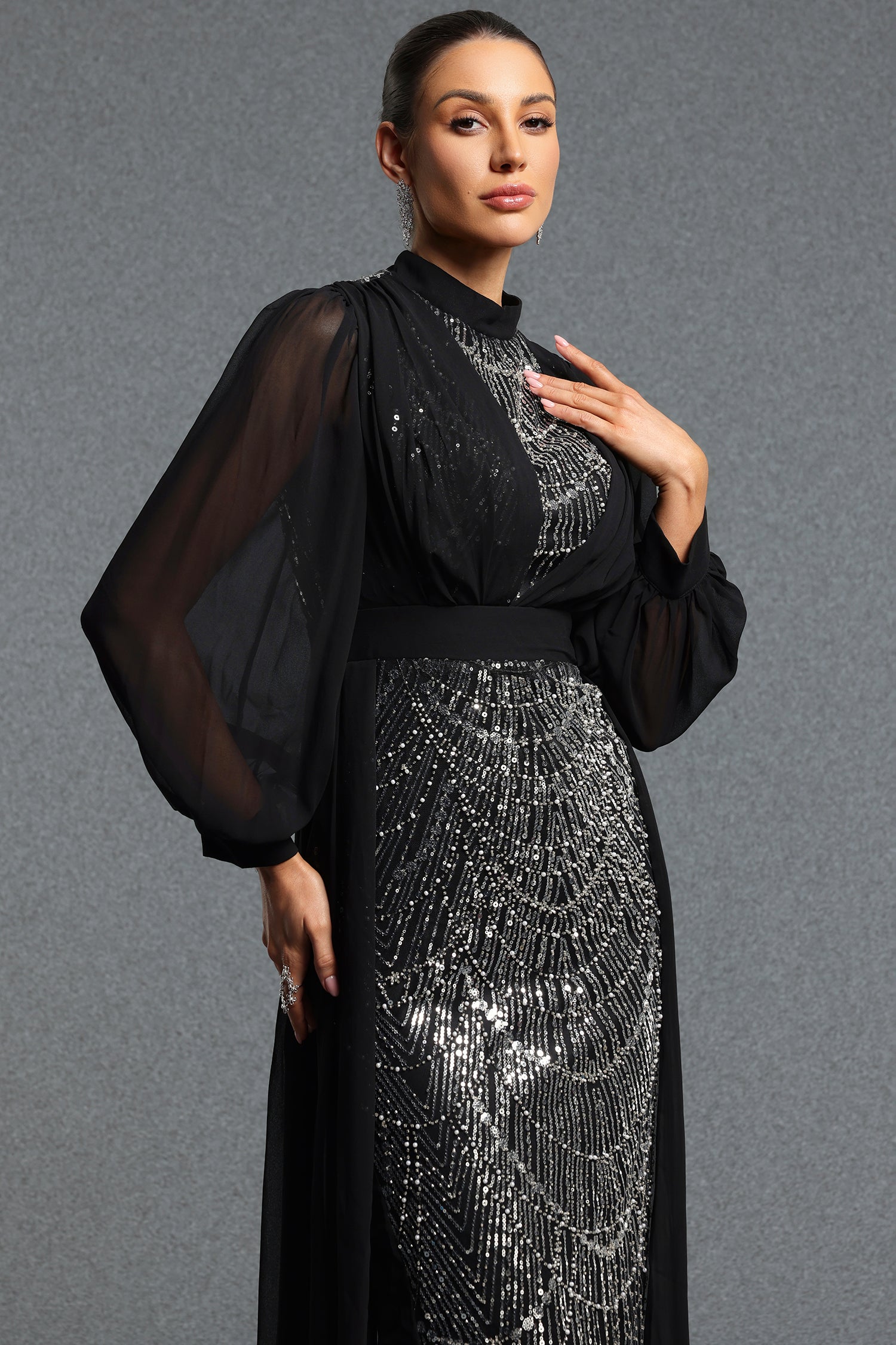 Rerily Elegant High Neck Sheer Chiffon Cape Beaded Mermaid Maxi Dress	